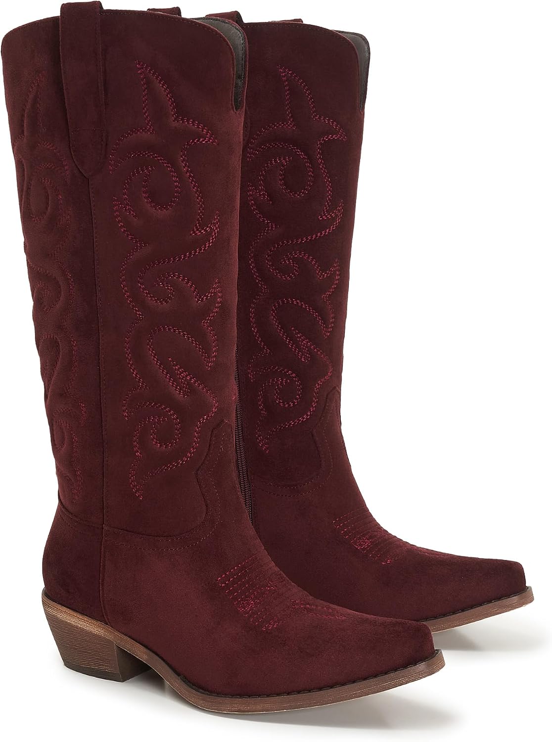 Suede Cowboy Boots for Women Knee High Cowgirl Boots, Western Boots with Classic Embroidered Pointed Toe Chunky Heel Pull On Retro Vintage Classic Tall Boots for Ladies