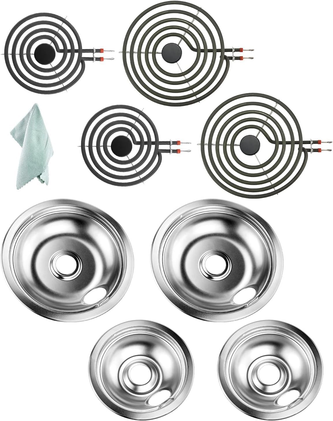 Electric Stove Burner Drip Pans Chrome 316048413(8”) 316048414(6”) and MP22YA Electric Range Burner Elements Replacement for Ken-more Tap-pan Frigi-daire Electric Stove Burner by Fetechmate