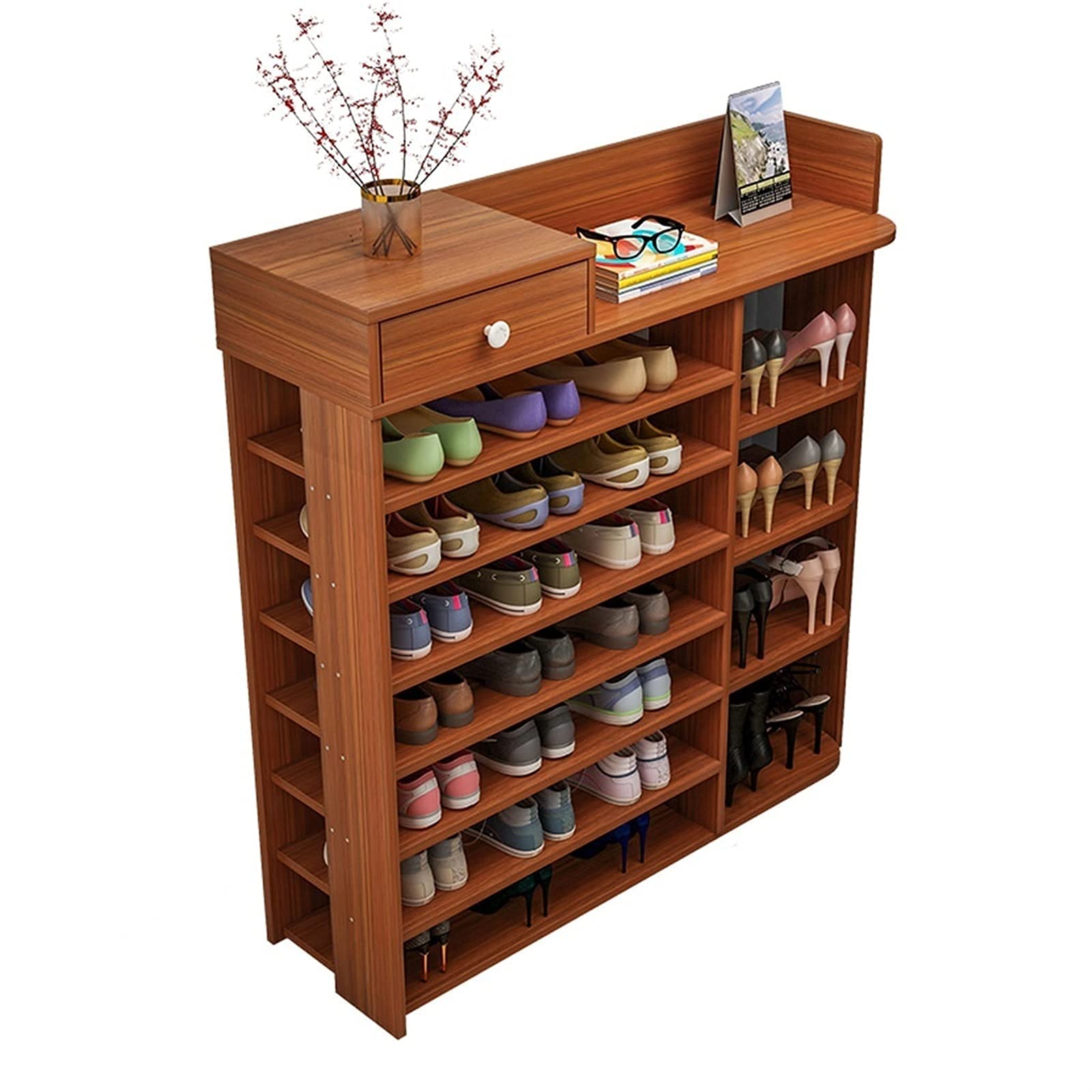 Organisateur d'étagère de rangement de chaussures debout à 7 niveaux en bois avec tiroirs de couloir