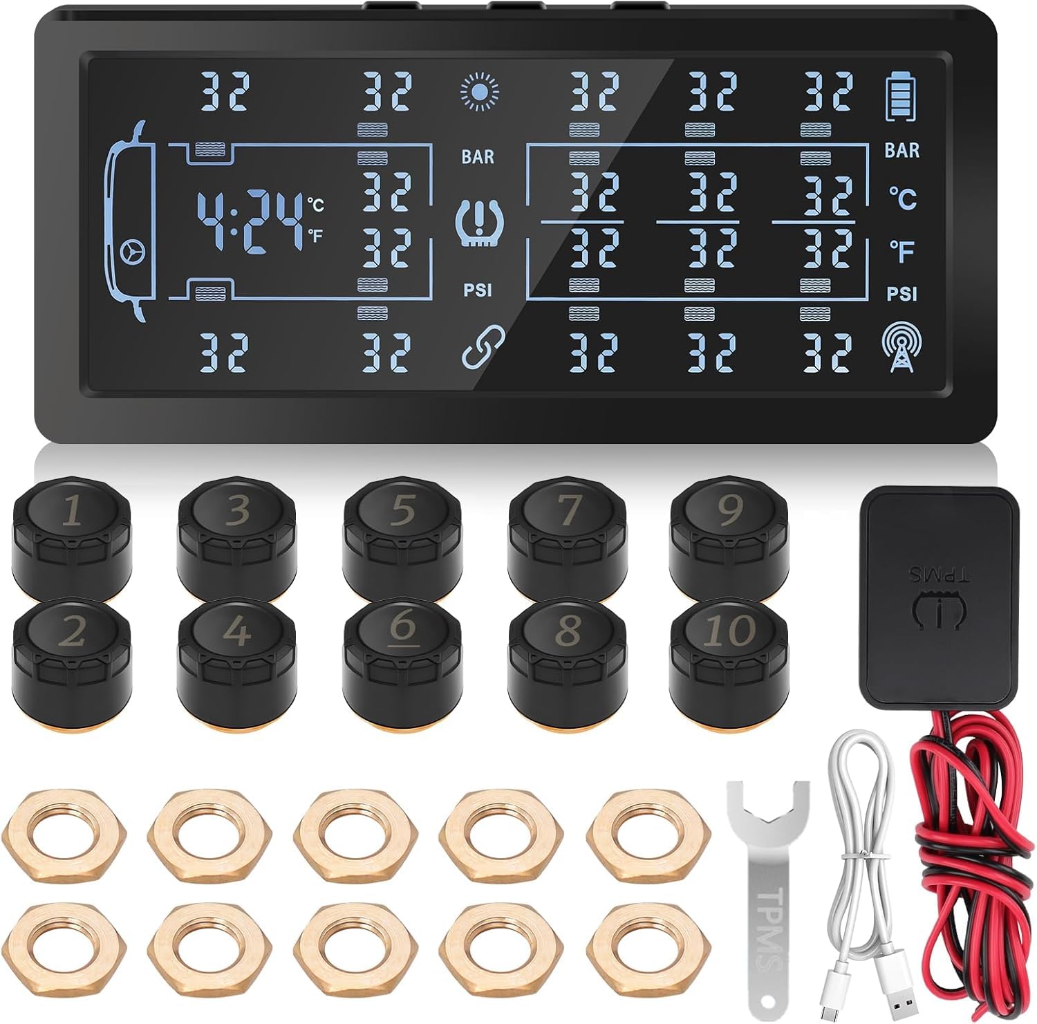 0-188PSI TPMS für 4-6-8-10 Räder Reifendruckkontrollsystem Solar USB Aufladen Reifendruckmonitor mit 8 externen Sensoren, LCD-Display and Sprachalarm, Passt Auto LKW Anhänger Wohnwagen