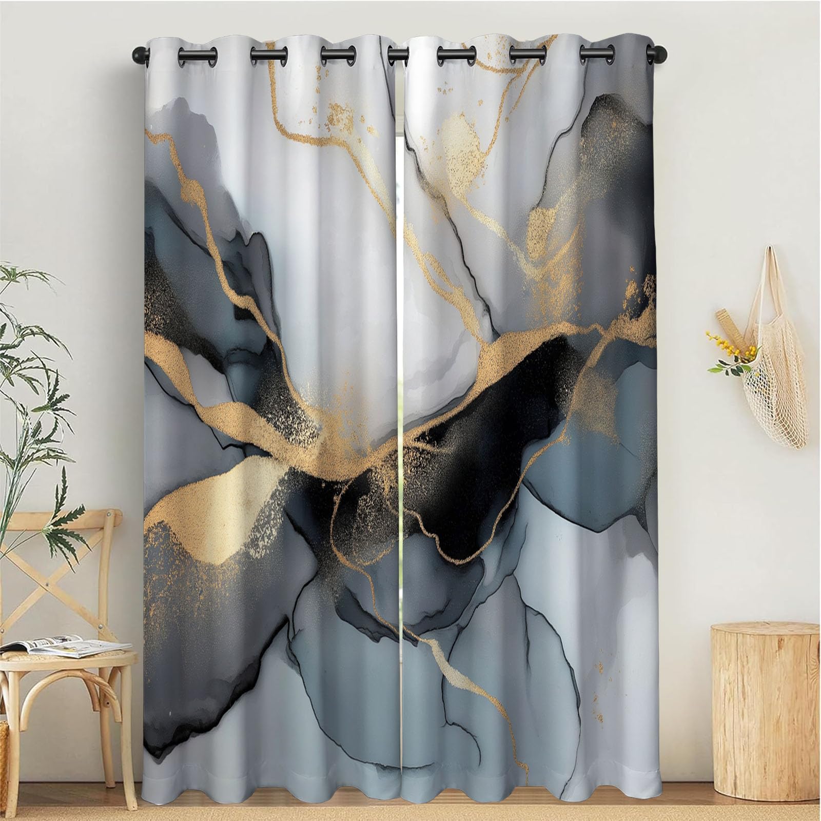 Rideau Occultant Aquarelle Marbrée Lot de 2 Rideaux Opaques Gris Clair 140x200cm