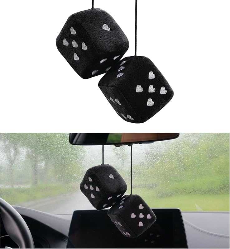 Par de dados de pelúcia para espelho retrovisor Ziciner com coração – Preto, 7,62 cm