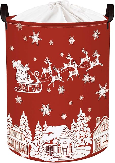 Clastyle 45L Red Merry Christmas Ornament Storage Waterproof Santa Claus Reindeer Laundry Hamper for Gifts Clothes Home, 14.2x17.7 in