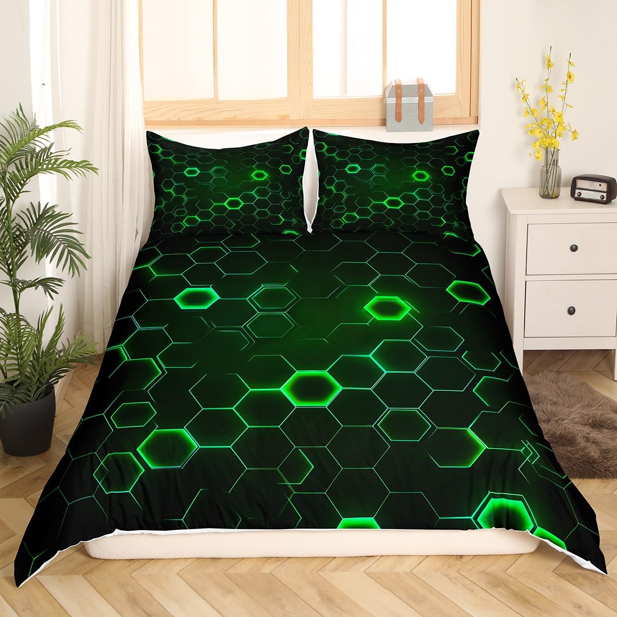Manfei Honeycomb Duvet Cover,Neon Green Hexagon Abstract Print King Size Duvet Cover for Kids Adults,Modern Geometric Artistic Soft Comforter Cover(No Filler) with Zipper Closure