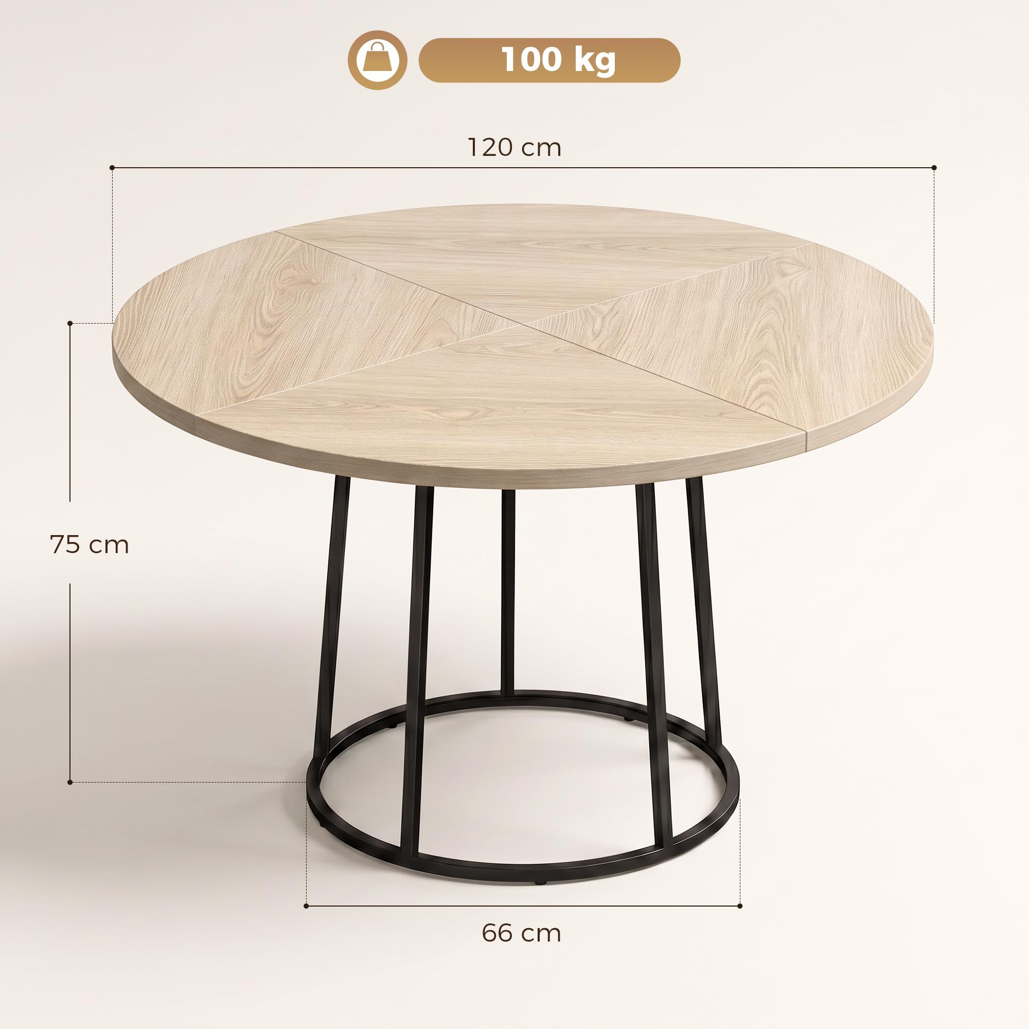 HOMCOM Mesa de Comedor Redonda para 4-6 Personas, 120 cm, Estilo Industrial Moderno, Tablero Empalmado y Base metálica cónica, Madera Natural