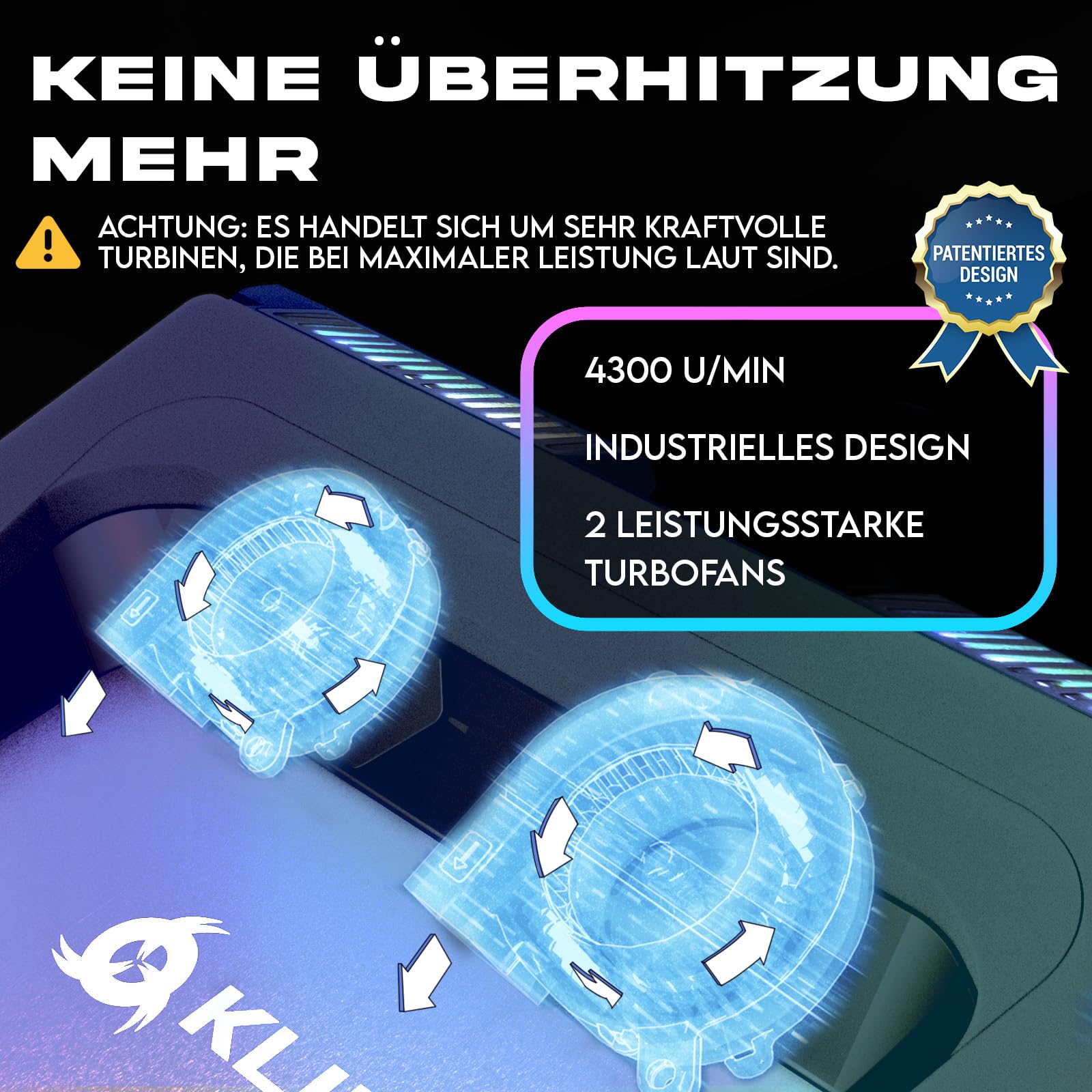 KLIM Mistral Laptop Kühler - NEU - Leistungsstarker Turbo-Ventilator (4500 U/min) - Gummiring Dichtung für maximale Leistung - Vermeide Überhitzung und schütze Dein Gaming Notebook - 15-17 Zoll