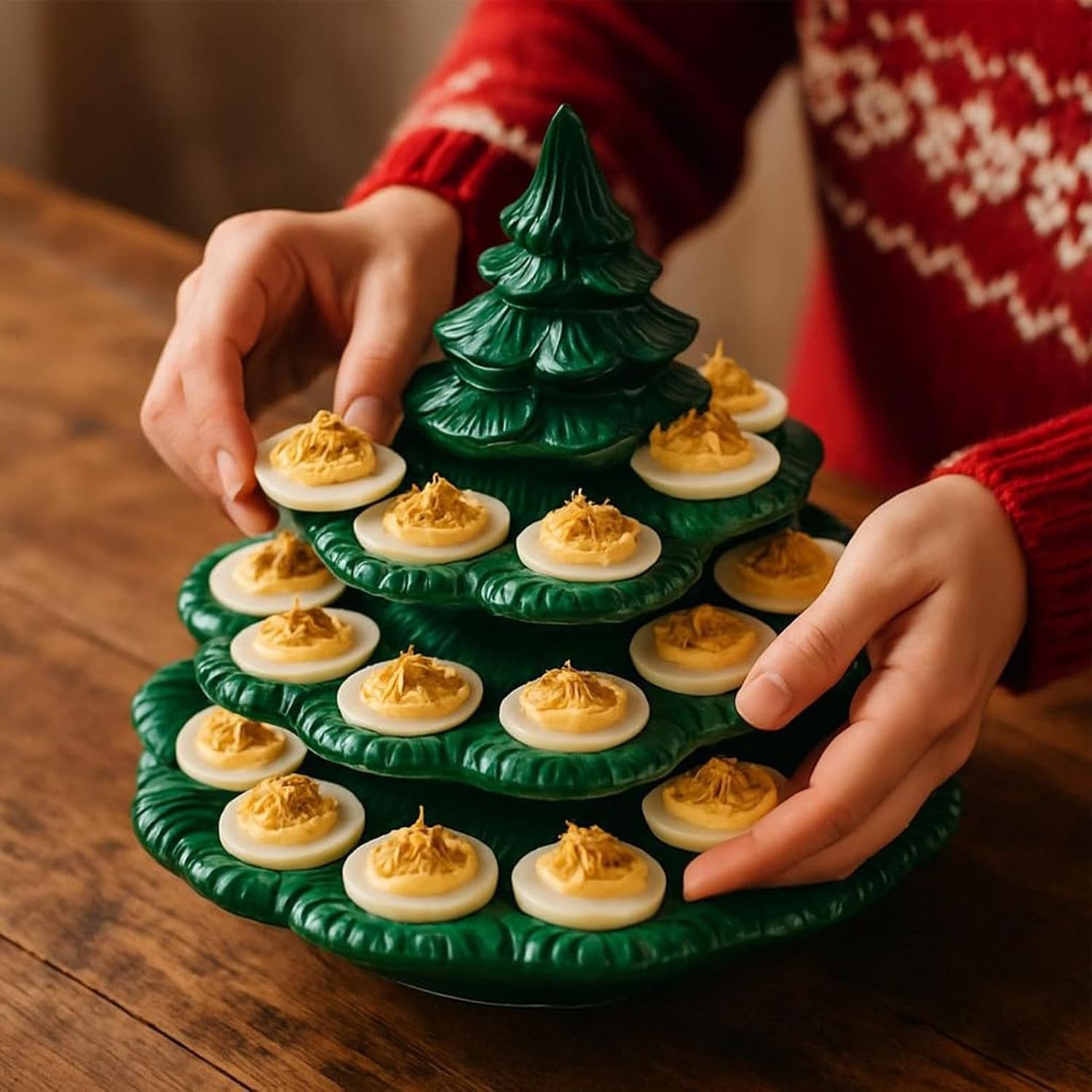 Deviled Egg Containers with Lid - Reusable Stackable Christmas Tree Shape Plate, Appetizer Tableware for Kitchen Brunch Tea Snack Easter Party Picnics Catering Charcuterie