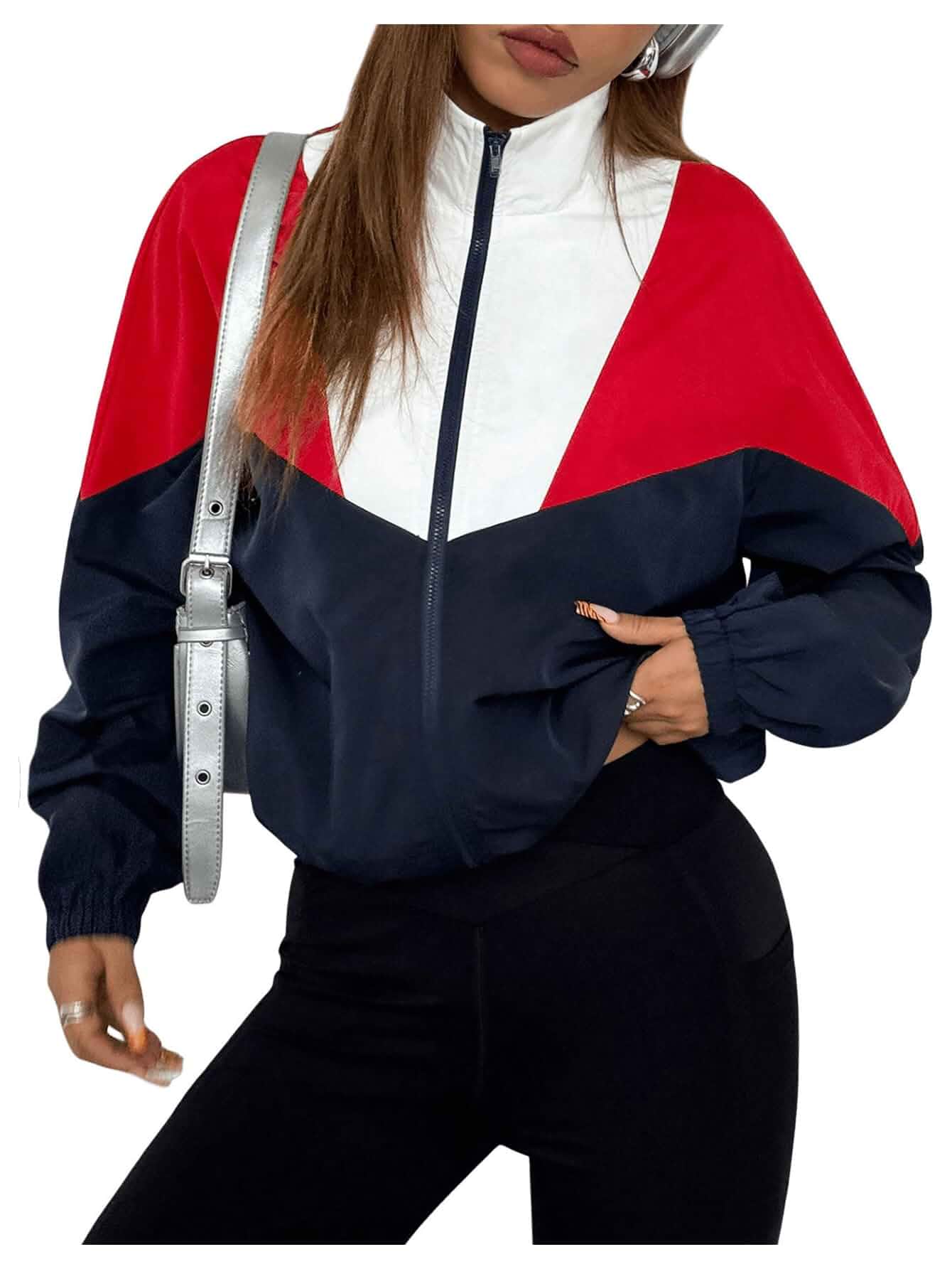 Verdusa Women's Colorblock Lightweight Jacket Streetwear Stand Collar Zip Up Outerwear Long Sleeve