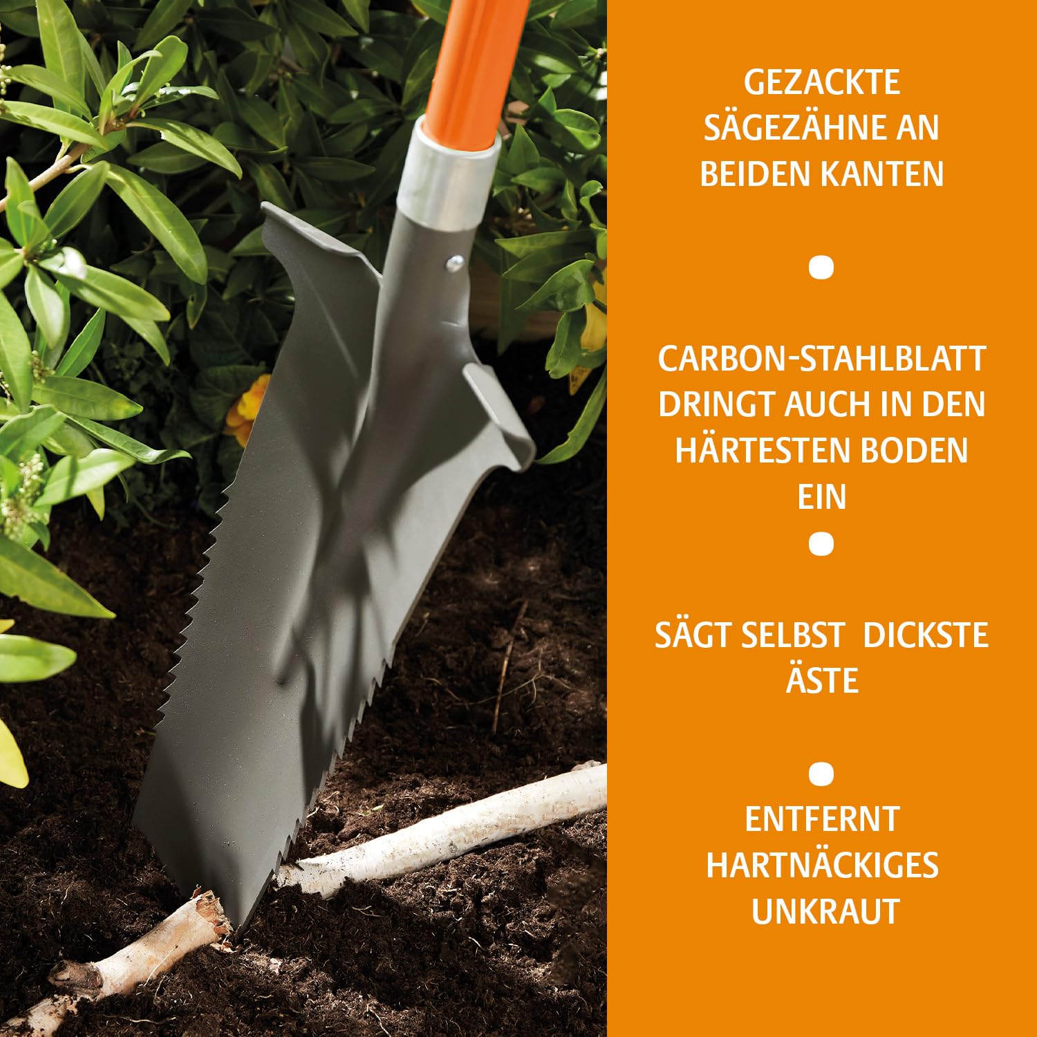 3 PAGEN Pala de sierra de raíz, punta de acero al carbono con dientes afilados, pala de jardín de 114 cm, con mango ergonómico y borde ancho - pala de alta calidad para suelo duro