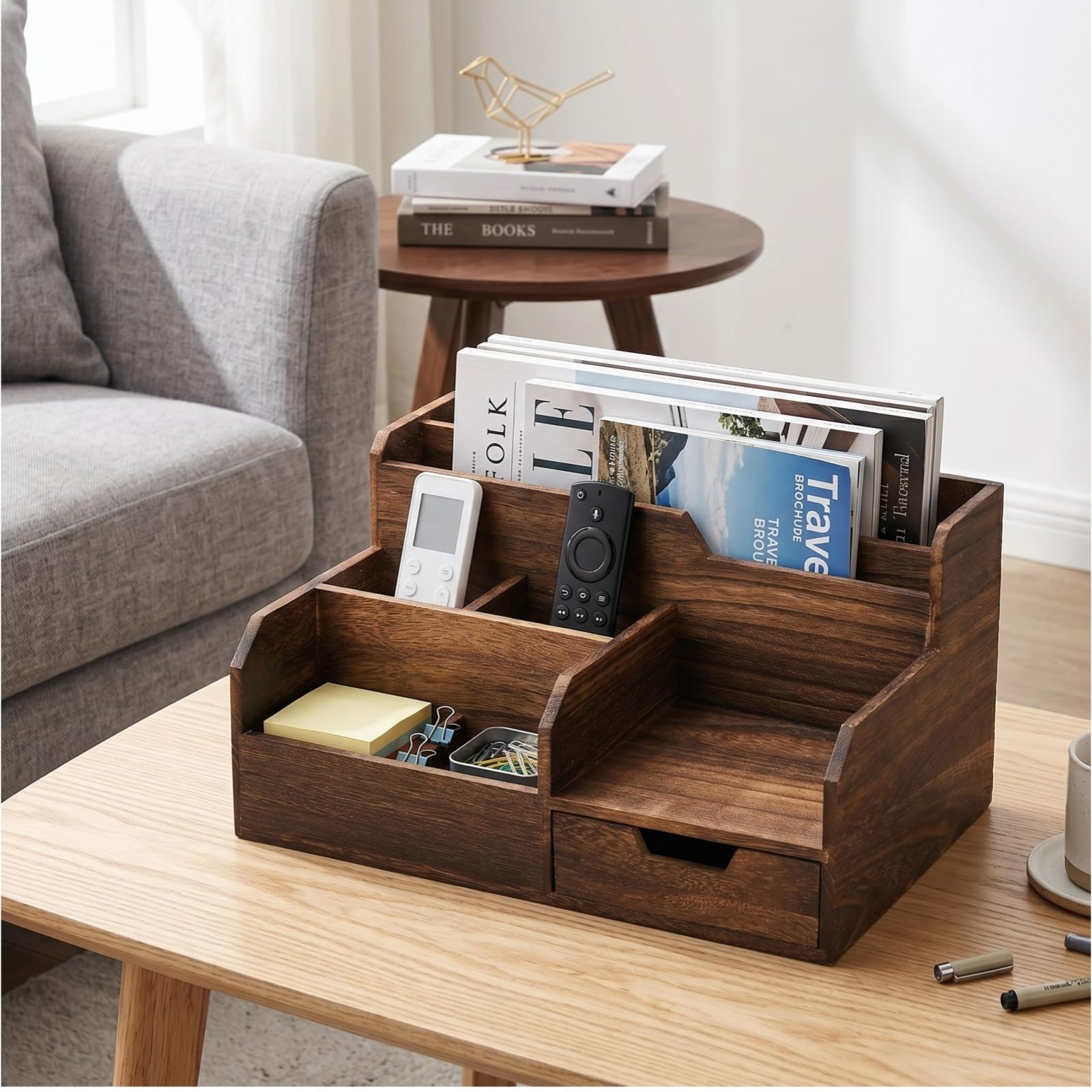 Pumtus Brauner Post-Organizer aus Holz, Schreibtisch-Organizer mit 7 Fächern und Schublade, rustikaler Briefsortierer mit Stifthalter, Tischbriefkorb, Bürozubehörhalter für Stiftdatei, Briefdokument