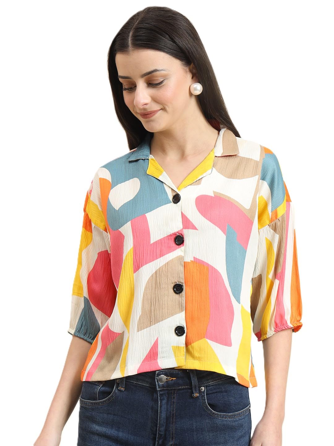 vairagee Women Cotton Blend Striped Pattern V-Collar Three Quarter Sleeves Stylish Boxy Shirt (1730)-picture-43