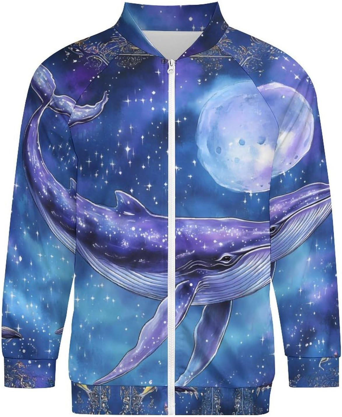 Humpback Whale Moon Print Men's Zip Up Sweatshirt Casual Sweater Jackets Long Sleeve Tops Lightweight Coat