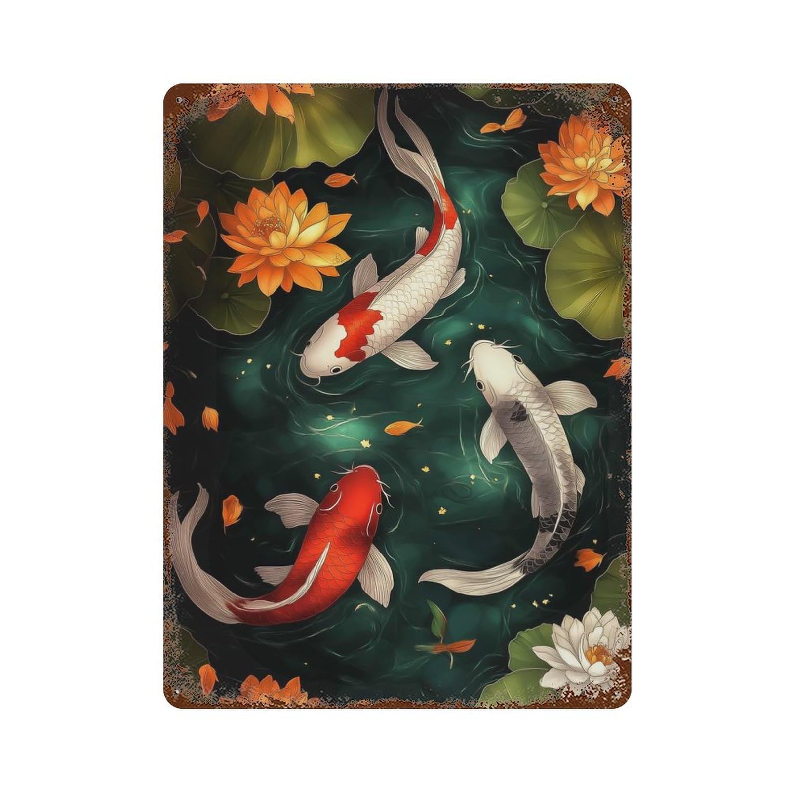 Koi Fish And Lotus Pond Vintage Metal Tin Sign 15.7"x11.8", Ideal for Basement, Hobby Room And Garage Decor
