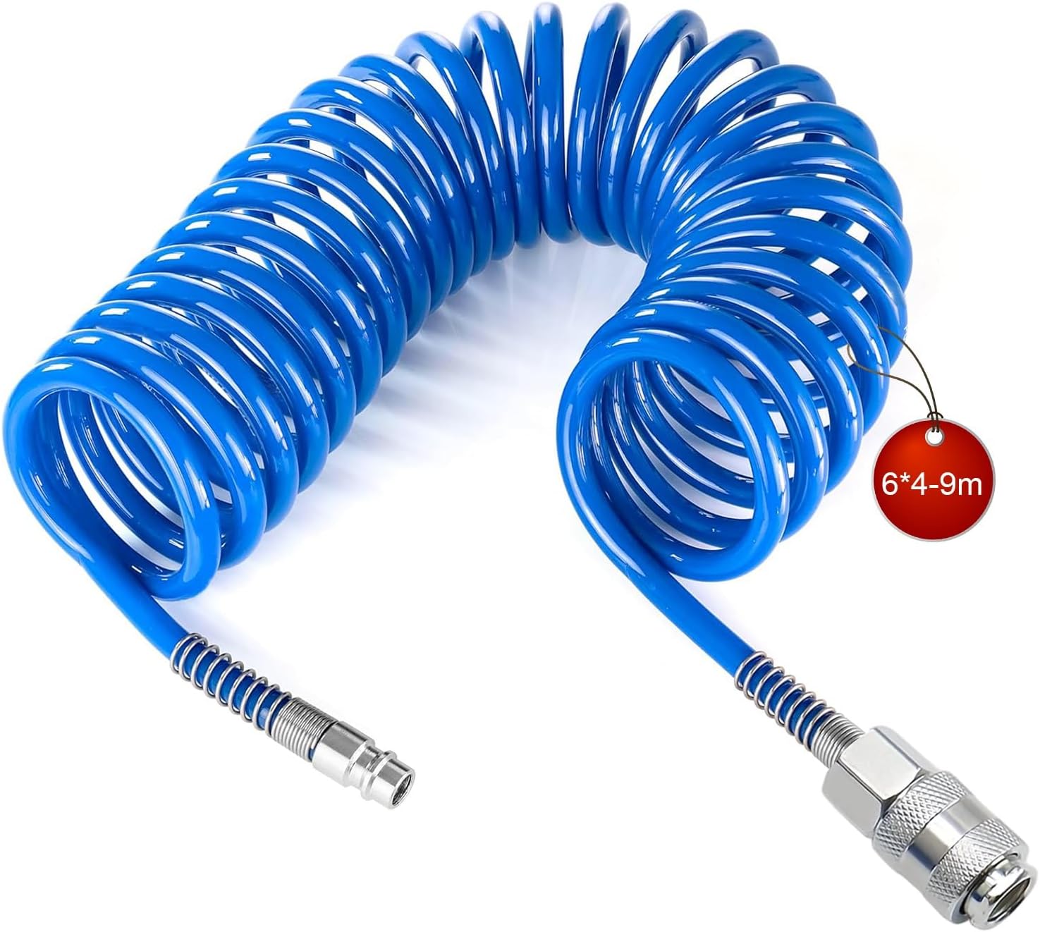 9 m Compressed Air Spiral Hose, Spiral Compressor Hose, Diameter 6 x 4 mm Air Pressure Hose, Blue Compressed Air Hose, with Connector, for Household, Workshop, Car Workshop