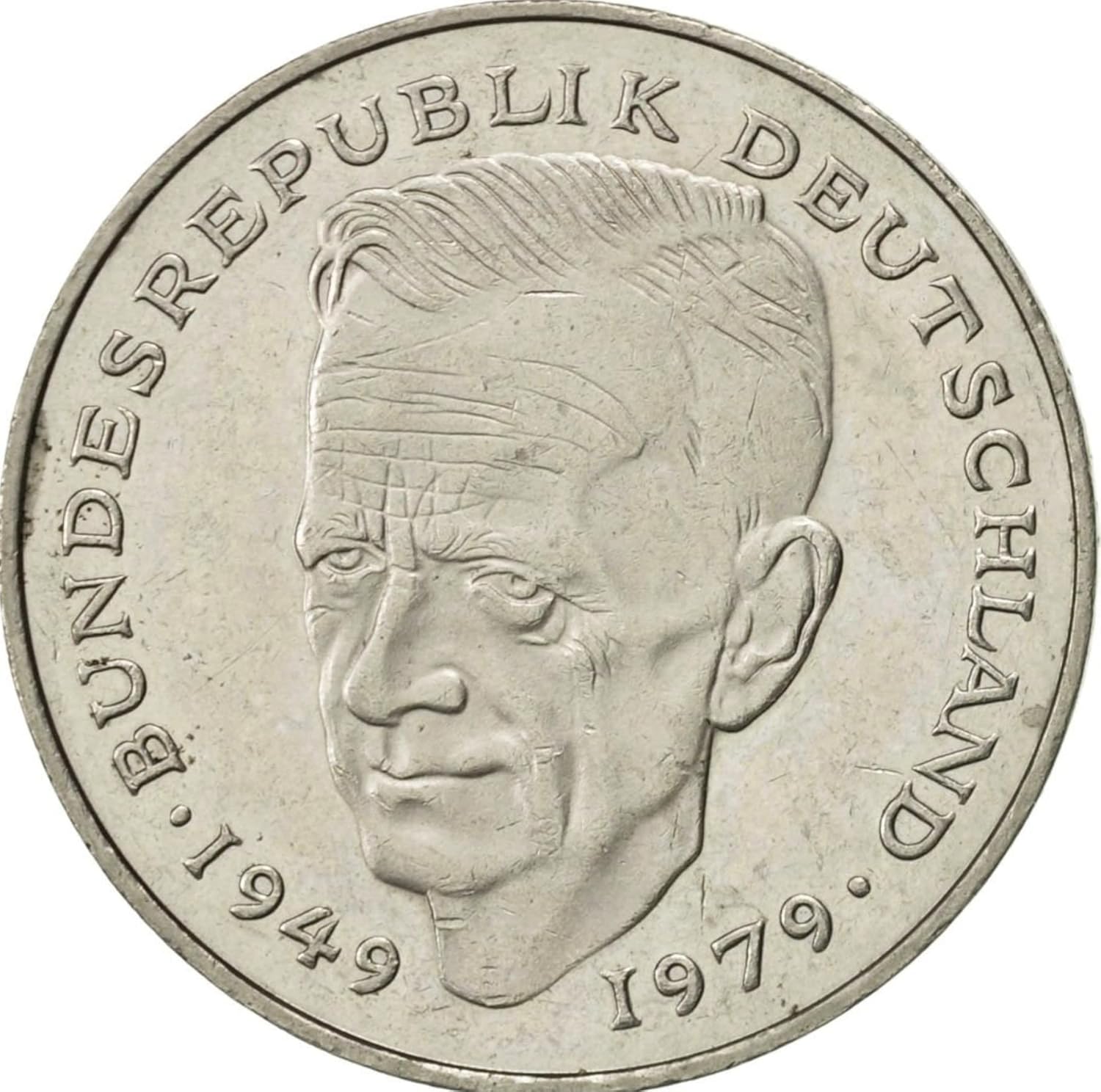 1979-1993 2 German Mark Coin, With Kurt Schumacher A Staunchly Anti-Nationalist German Socialist Politician. 2 Deutsche Mark Graded By Seller Circulated condition