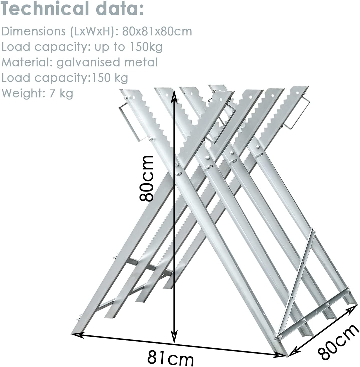 Technical data diagram showing dimensions (81cm, 80cm, 80cm) and load capacity (150kg)