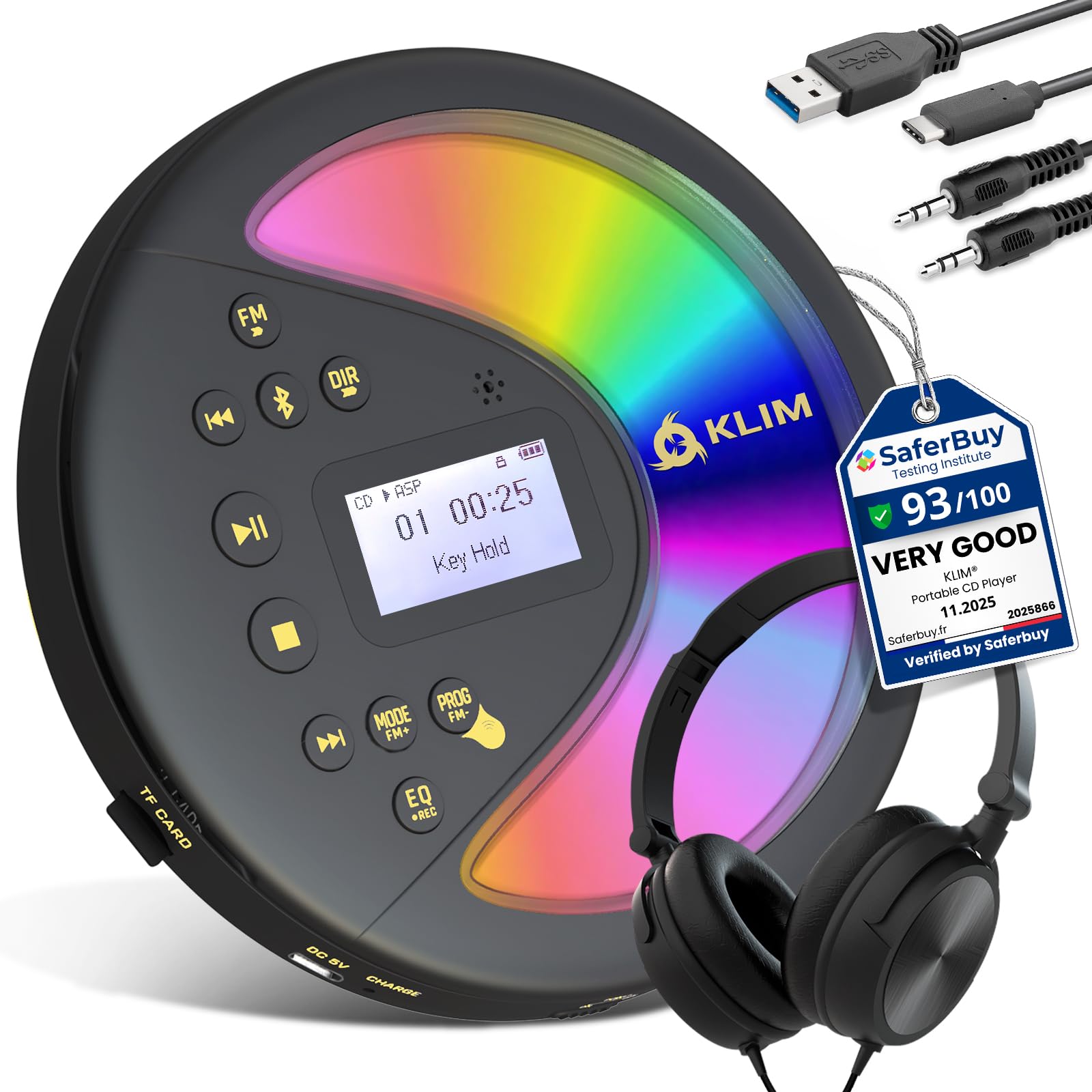 KLIM Discover with Headphones - Portable CD Player with Long-Lasting Battery - New - Radio FM - Compatible MP3 CD Player Portable - SD Card, FM Transmitter, Bluetooth - Ideal for Cars - Black/Gold-image-10