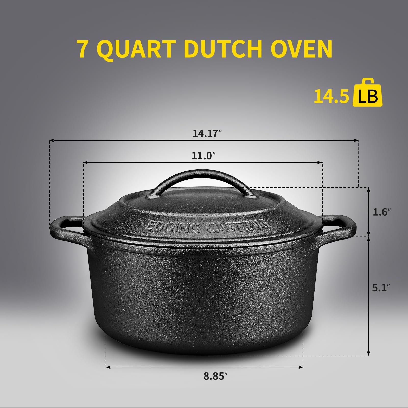 EDGING CASTING Pentola da forno olandese in ghisa pre-stagionata con coperchio a doppio manico, rotonda, 7 litri, nero