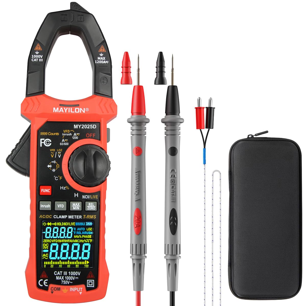 MY2025D Digital Clamp Meter Multimeter Auto Ranging Multimeter, Voltmeter Supports 1000V AC/DC Voltage, 1200A AC/DC Current, Resistance, Capacitance, Continuity, Live Wire Test, NCV