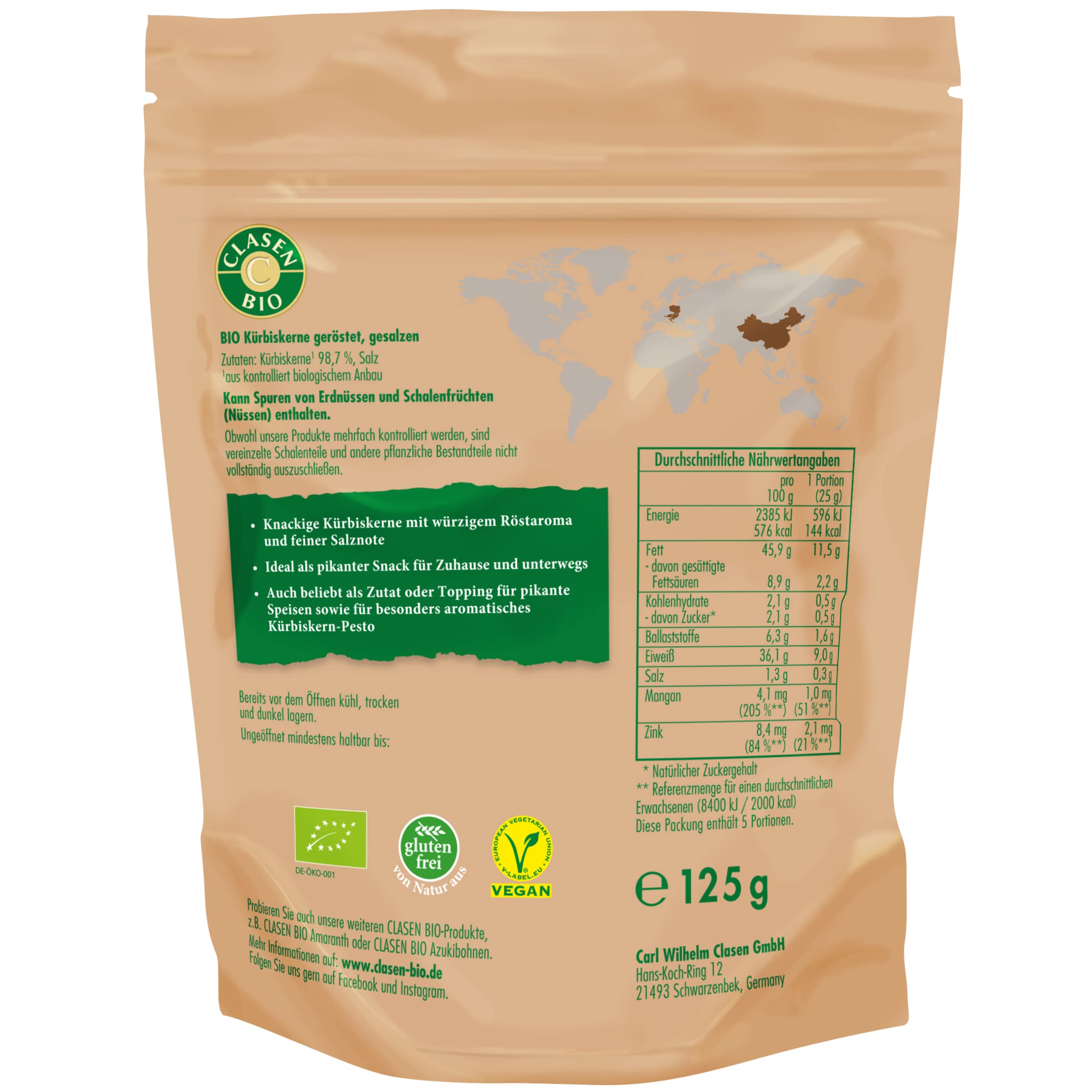 8x CLASEN BIO Kürbiskerne geröstet und gesalzen - 125g