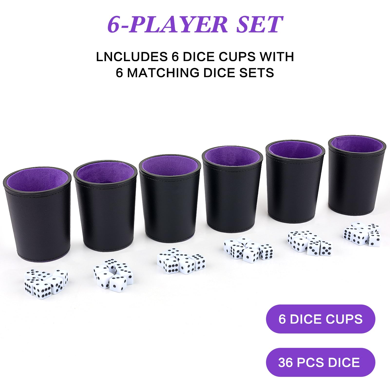 Filzgefüttertes PU-Leder-Würfelbecher-Set, 6 leise Würfel-Shaker-Becher mit 36 Würfeln für Bar-Party, Yahtzee Farkle Würfelspiele, Lila