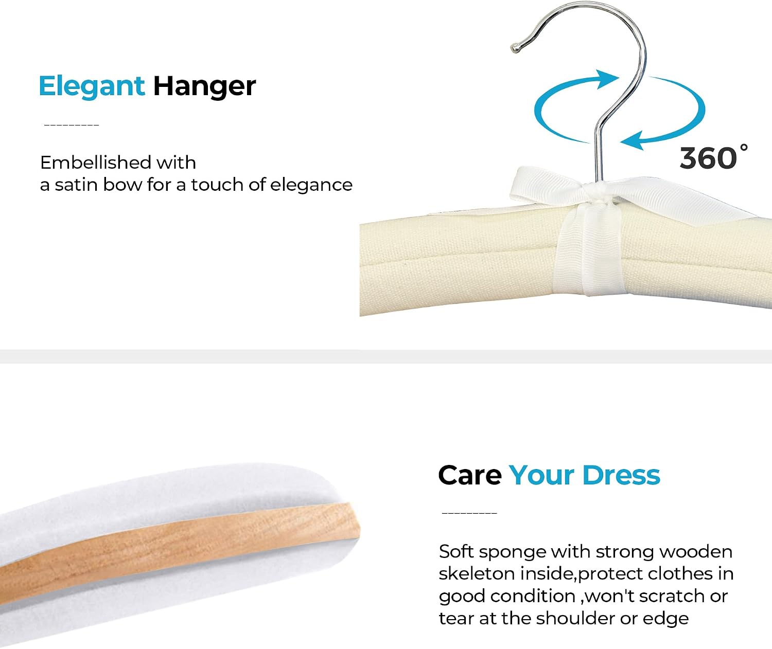 JS Hanger Padded Clothes Hangers for Sweaters – Women Padded Coat Hangers- Foam Hanger Non Slip Satin Canvas Covers for Adults Wedding Bridesmaid, Ivory White
