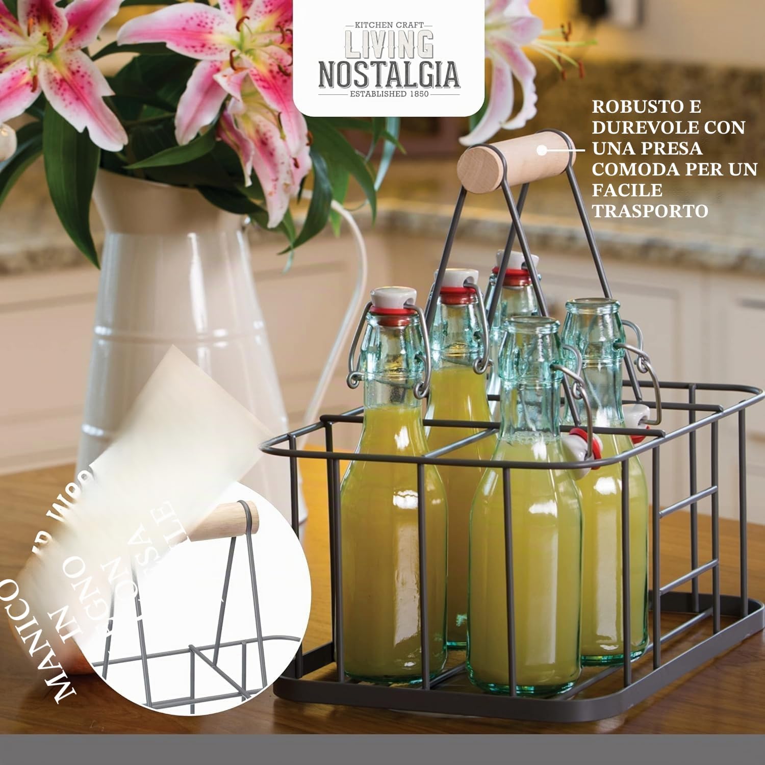 KitchenCraft Living Nostalgia Portabottiglie in Filo da 6, Argento