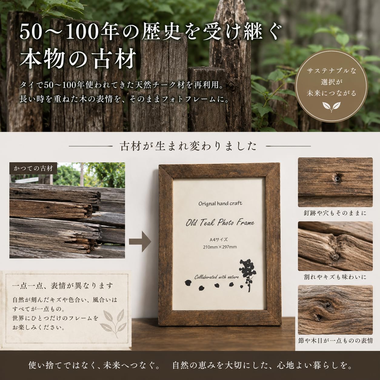 Amazon.co.jp: 廃材 フォトフレーム A4 壁掛け 木製 古材 チーク 天然