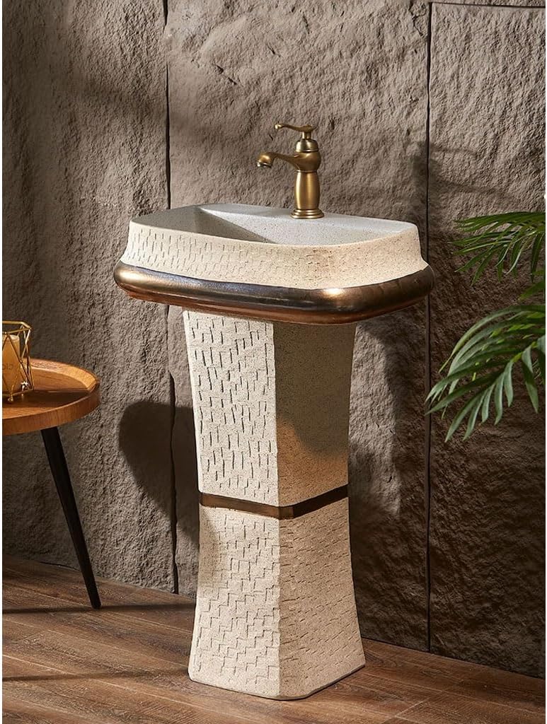 Pedestal Sinks Carved Stone Wash Basin Bathroom Courtyard Retro Outdoor Sink (A)