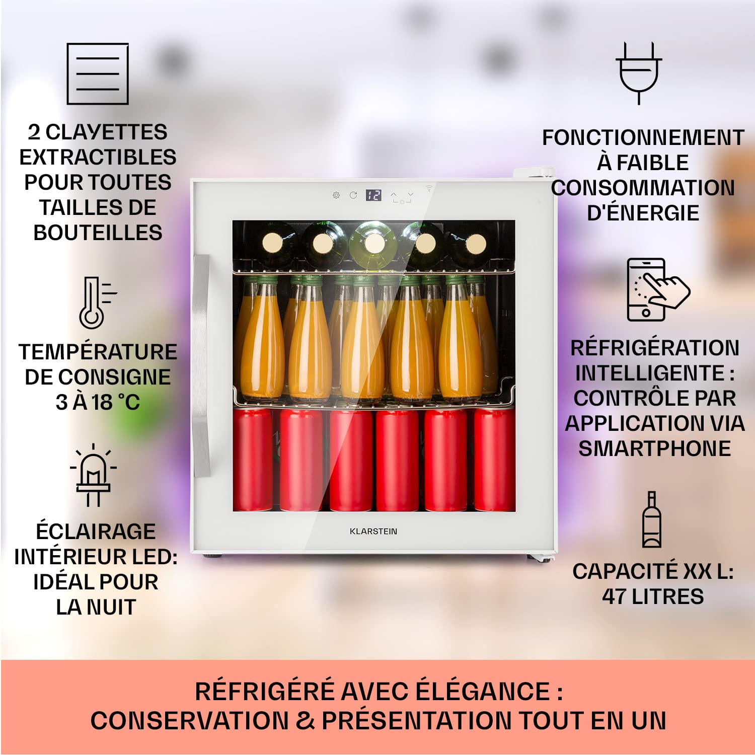 KLARSTEIN Mini Frigo de Chambre de 47L pour Boissons et Bieres, Petit Frigo Silencieux, Mini Bar Intérieur/Ext, Petit Refrigérateur Camping, Stockage de Vins et Boisssons, Étagères Amovibles, 5-18°C
