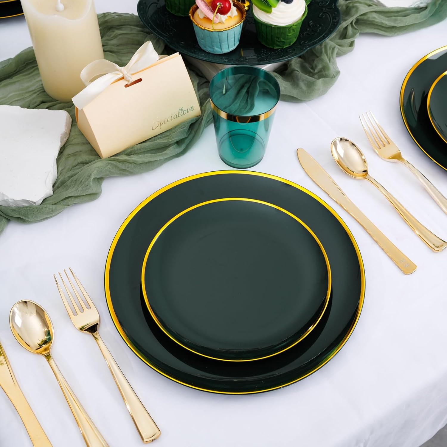 LIYH 180 Pcs Green and Gold Plastic Plates - Green Disposable Dinnerware Sets Dinner Dessert Plates, Gold Plastic Silverware Cups for Holiday Party Birthday