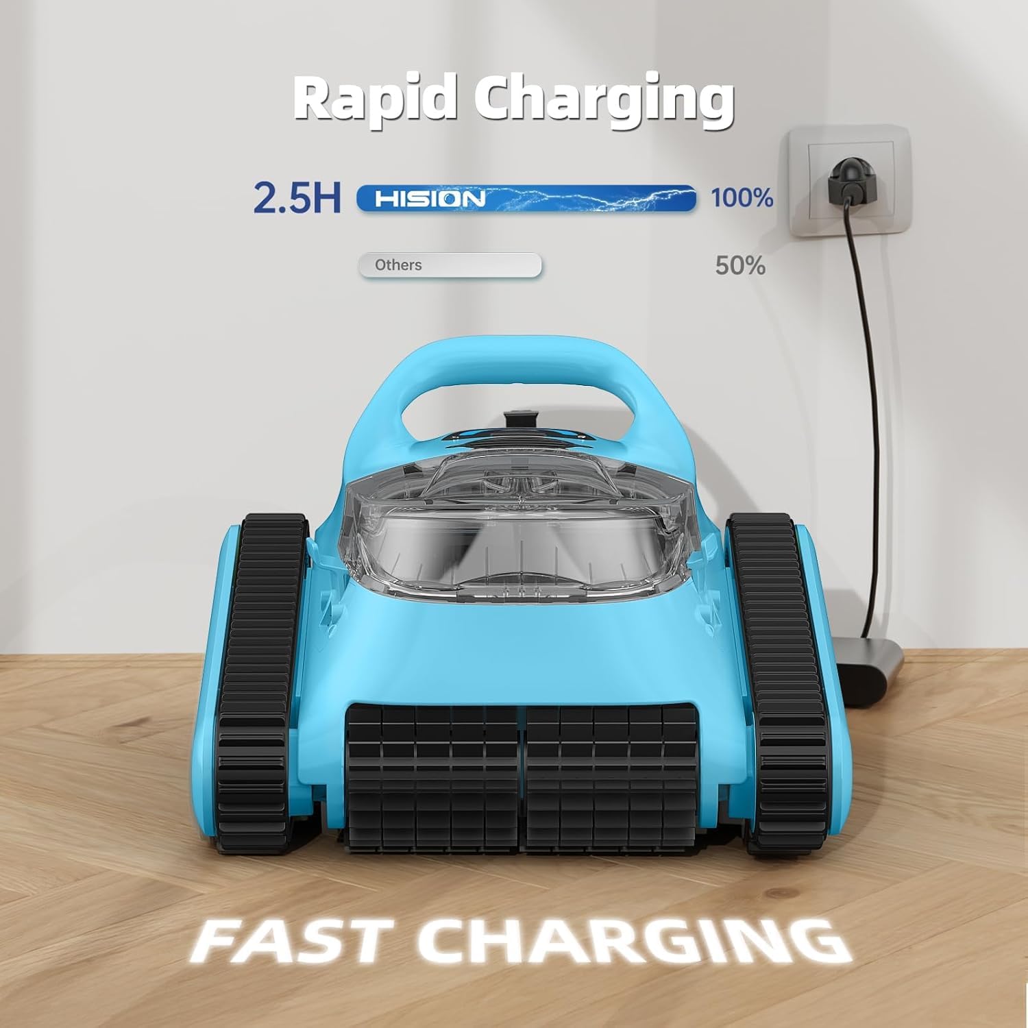 HISION SAT30 Robotic Pool Cleaner connected to a wall charger, illustrating the rapid charging process.