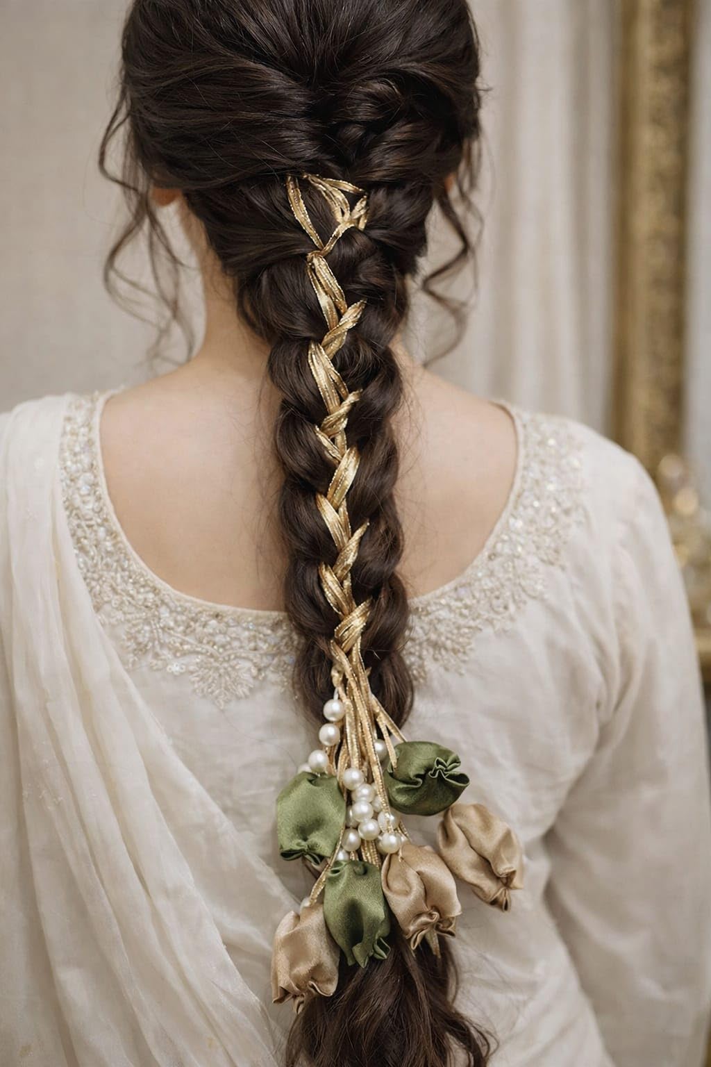 Traditional Hair Paranda for Women | Pearl Braid Accessory for Bridal, Festive & Classical Dance Green & golden colour (Pack of 1)-picture-38