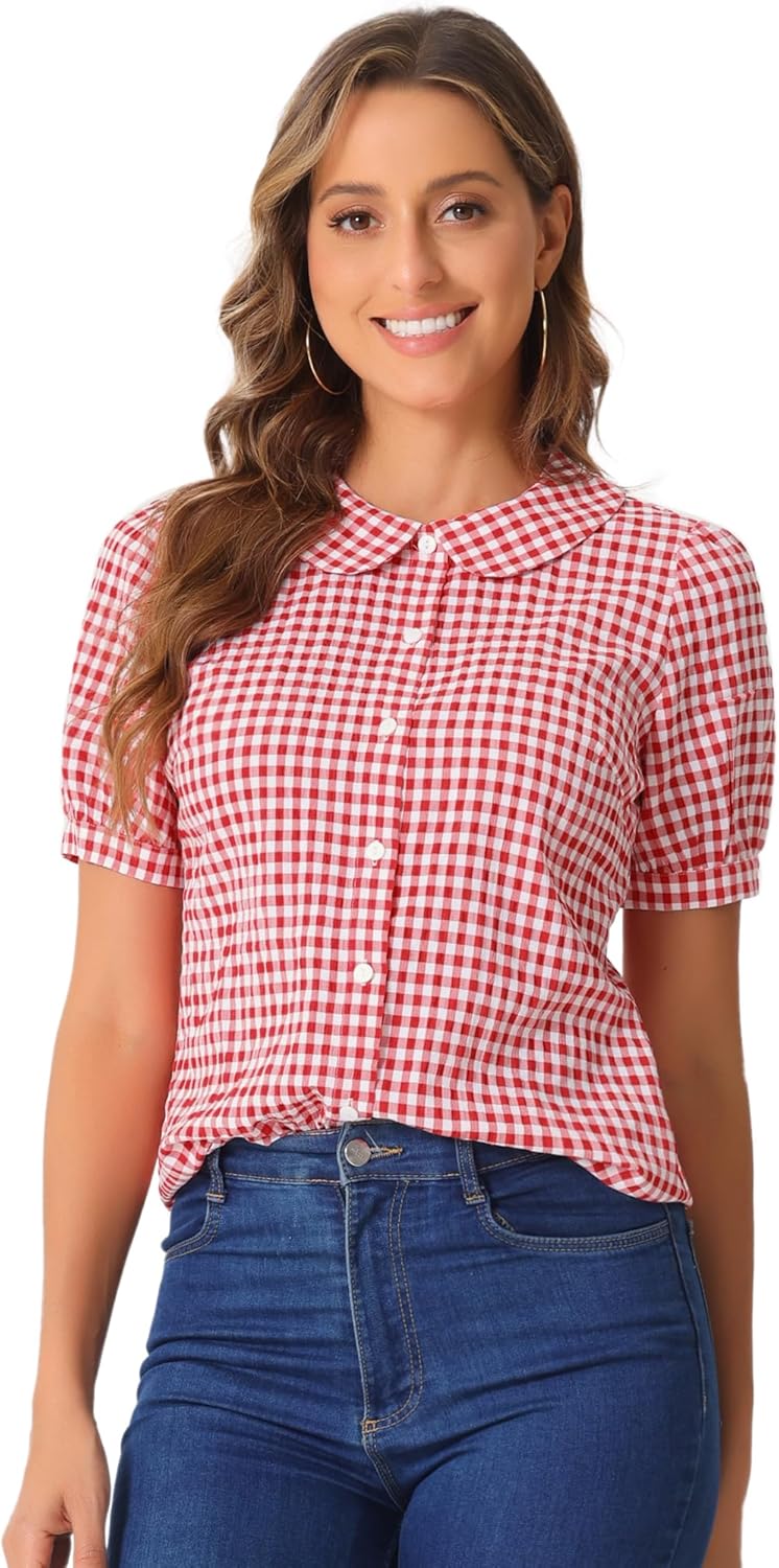 Allegra K Women’s Peter Pan Collar Plaid Shirt Puff Short Sleeve Button Down Blouses Casual Summer Gingham Tops