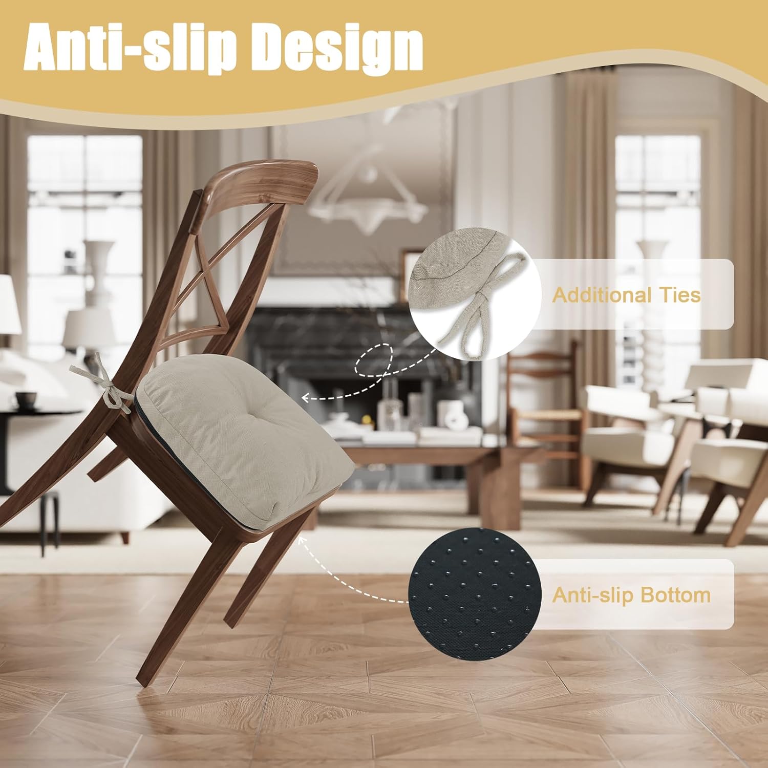 idee-home Chair Cushions for Dining Chairs Set of 4, Tufted Kitchen Chair Cushions Pads U-Shaped with Ties and Non Slip Backing, Seat Pads, 16.5 x 16.5 Inches, Beige