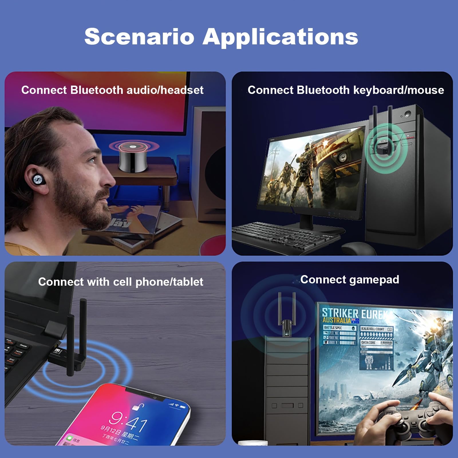 Adaptador Bluetooth 5.4 para PC, USB Bluetooth Dongle con alcance de 150 m, Plug and Play, compatible con Windows 11/10/8.1/7, para auriculares, teclado, ratón, Bluetooth estéreo