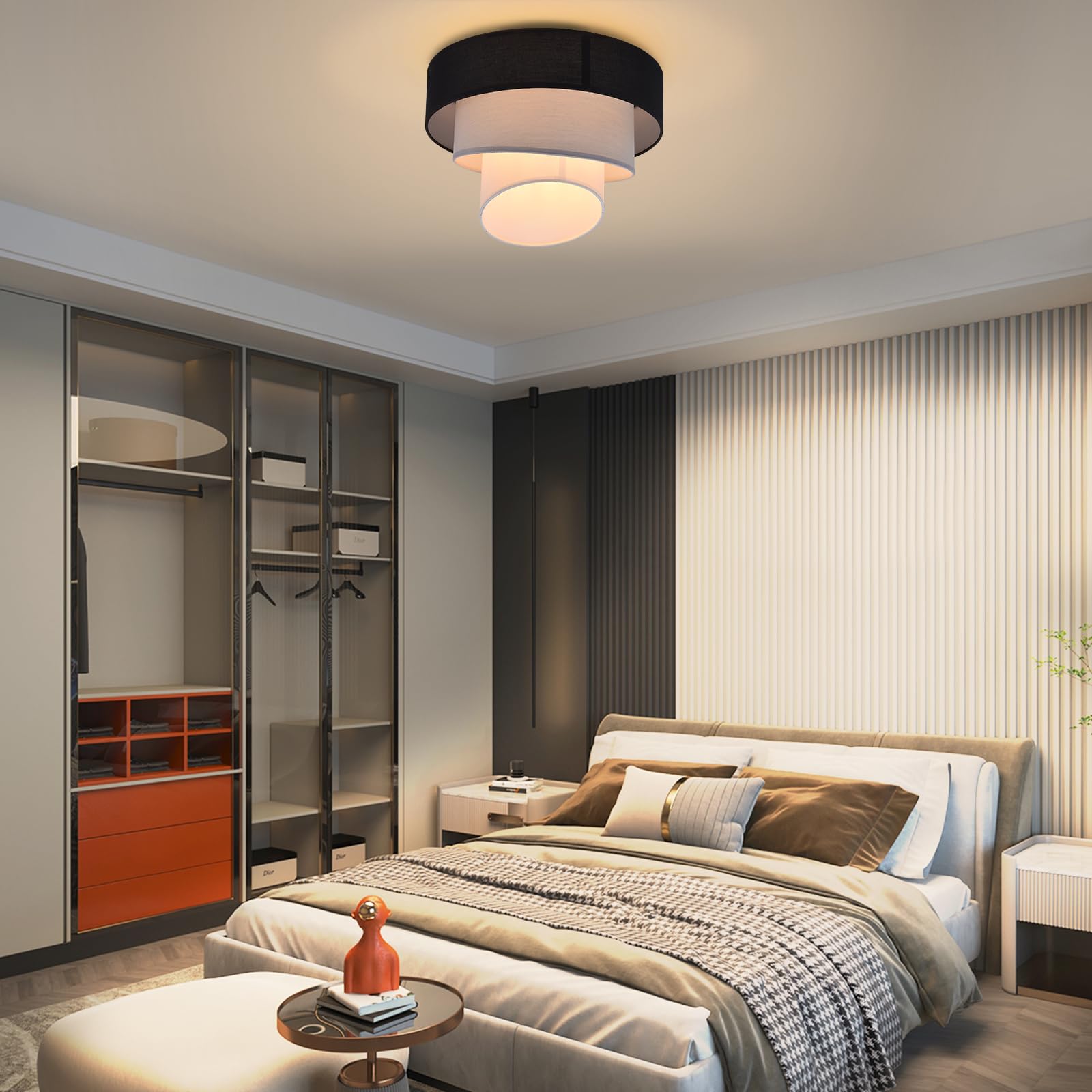 ZMH Deckenlampe Schlafzimmer Deckenleuchte Stoffschirm - E27 Stoffdeckenlampe Ø40cm Warmweiß Schlafzimmerlampe Stoff Schwarz Modern Deckenbeleuchtung für Küche Flur Büro (ohne Leuchtmittel) | Stoffdeckenlampe Warmweiß Stoff Schwarz Modern Deckenbeleuchtun