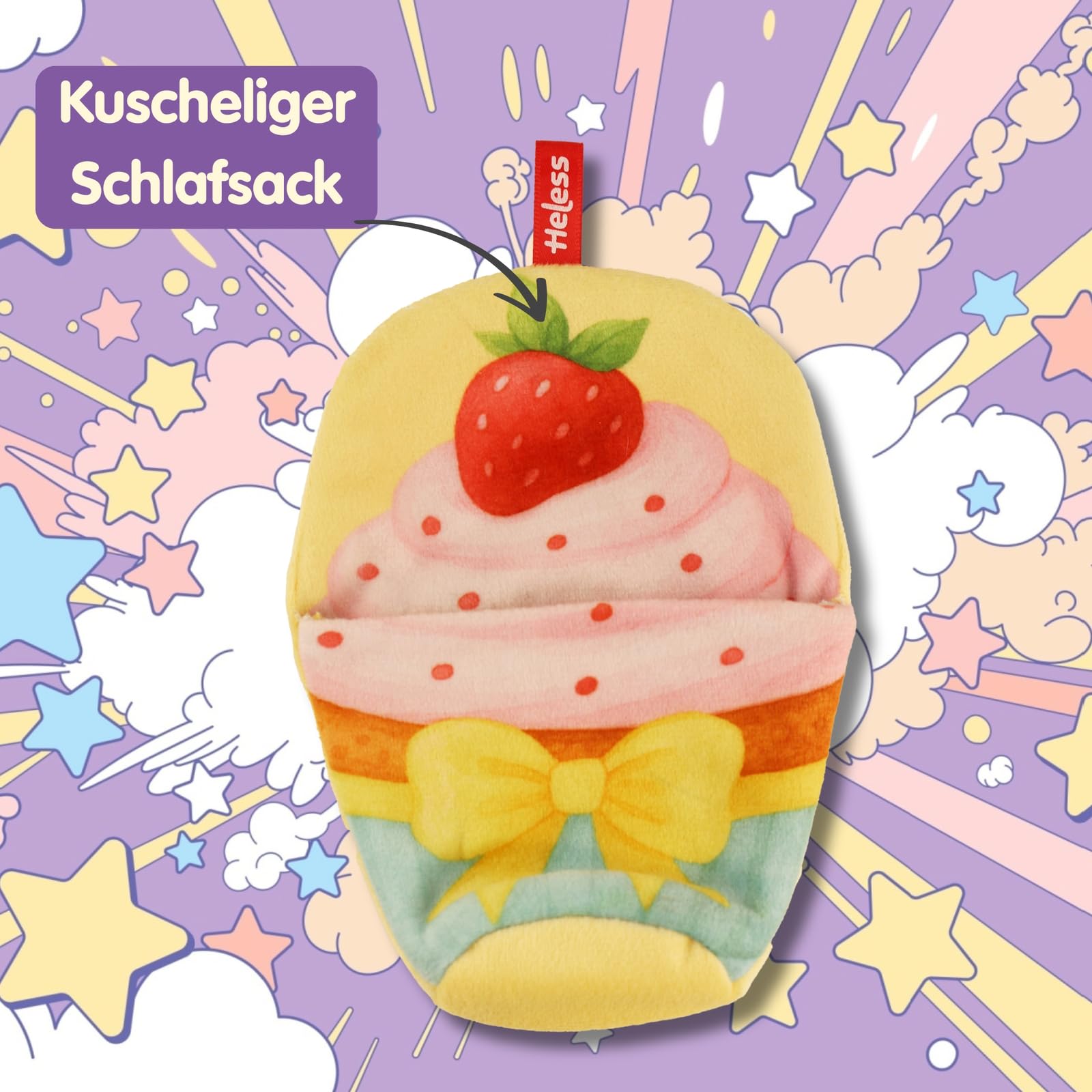 Heless Monster Styles 7524 - Saco de Dormir para muñecas con diseño de Cupcake con Fresa, con Lazo, Set Kawaii para Monstruos de 15 cm