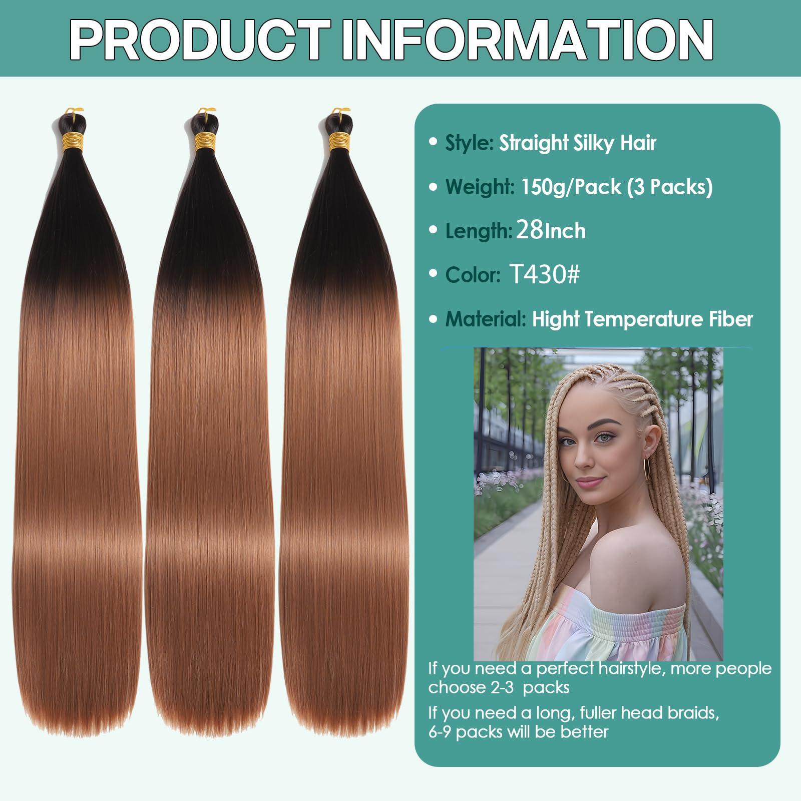 Locescsoc 28 Inch Straight Hair Extensions 150g 3 Packs Bone Straight Braiding Hair - Image 2