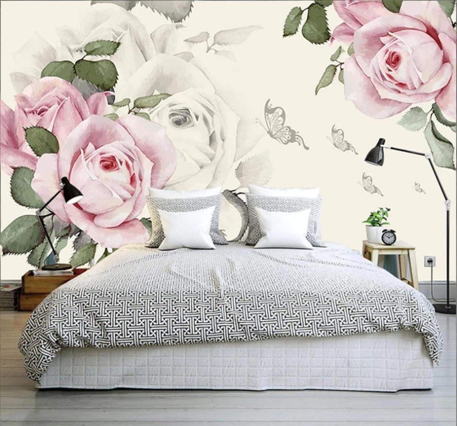 Wallpaper-3D-Xlm 300Cm×210Cm(B×H) Hand Drawn Beautiful Butterfly Romantic Rose 3D Wallpaper Easy Install Feature Office Living Room Sofa Bedroom Tv Background Wall Decoration-300Cm×210Cm
