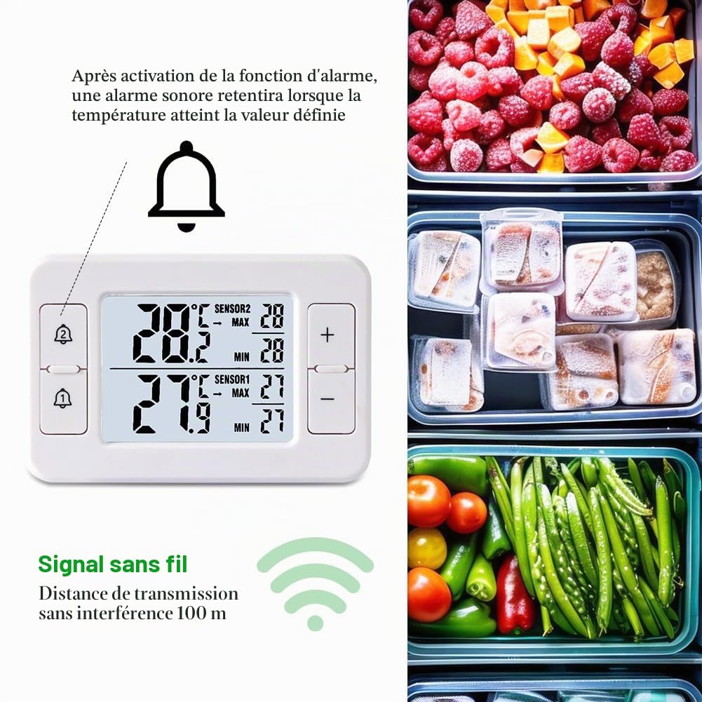 Thermomètre de réfrigérateur, thermomètre de congélateur avec 2 capteurs sans fil, thermomètre intérieur extérieur, alarme de température, MIN/MAX, flèche d'affichage de tendance de température