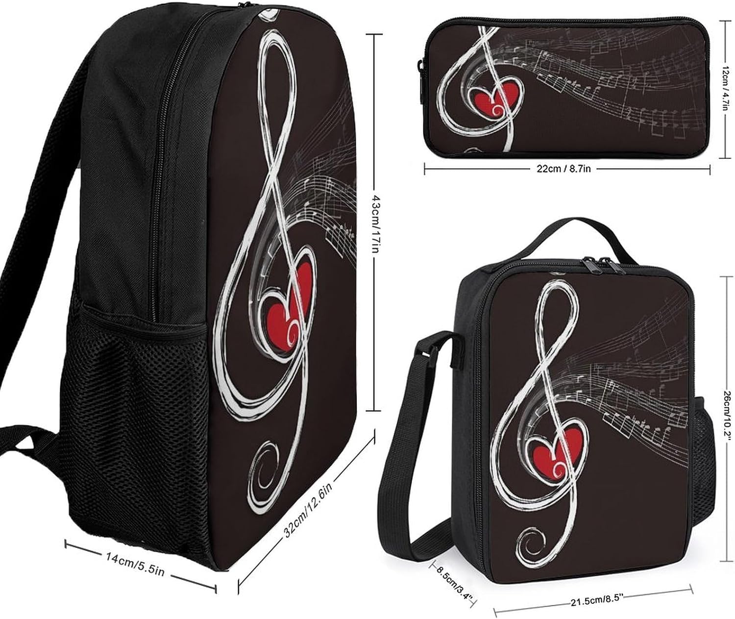 Treble Love And Music 3 Piece Backpack Set with Lunch Bag And Pencil Case Travel Laptop Bags Lightweight Causal Daypack for Women Men image 2