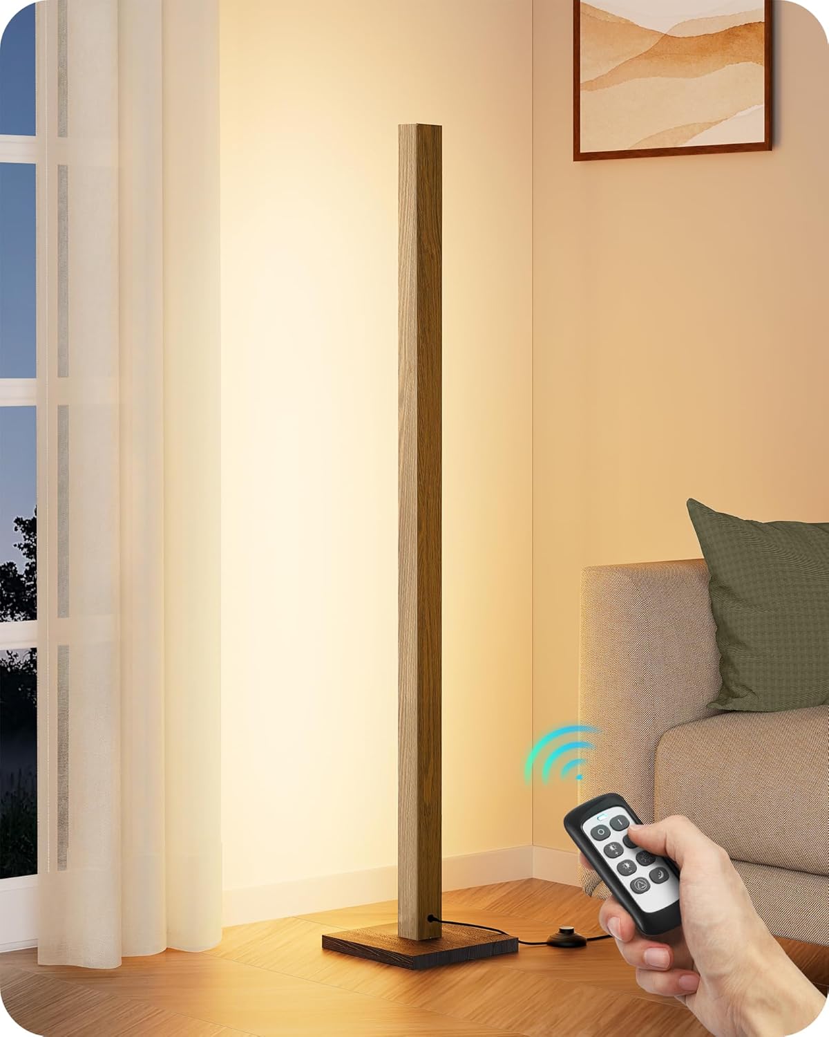 EDISHINE Wood LED Corner Floor Lamp, Modern Dimmable Light with Remote, Minimalist Standing Floor Lamps for Living Room, Bedroom, Office, 7 Color Temperature 2700~6000K, 48.43" Natural