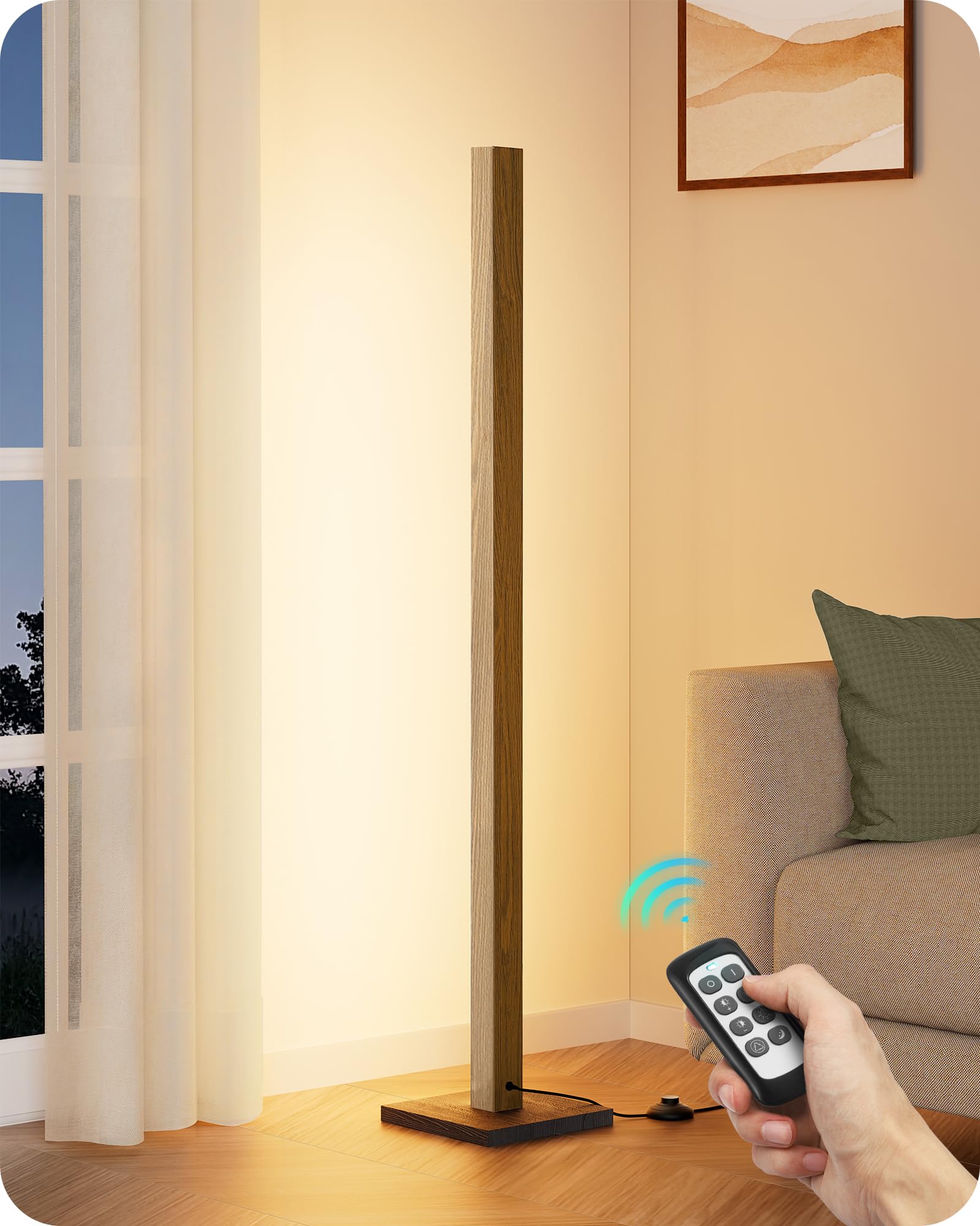 EDISHINE Wood LED Corner Floor Lamp, Modern Dimmable Light with Remote, Minimalist Standing Floor Lamps for Living Room, Bedroom, Office, 7 Color Temperature 2700~6000K, 48.43"