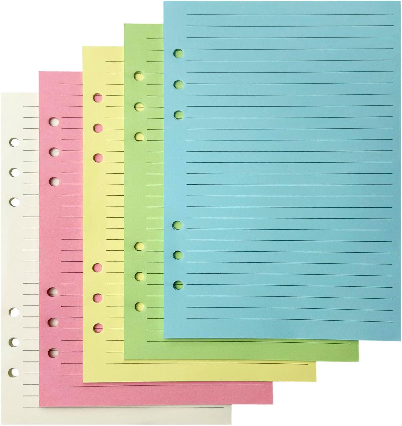 A5 Lined Refill Paper 50 Sheets, 6-Hole Punched Loose Leaf Paper for A5 Binders, Planners, Notebooks(5 Colour Pack)