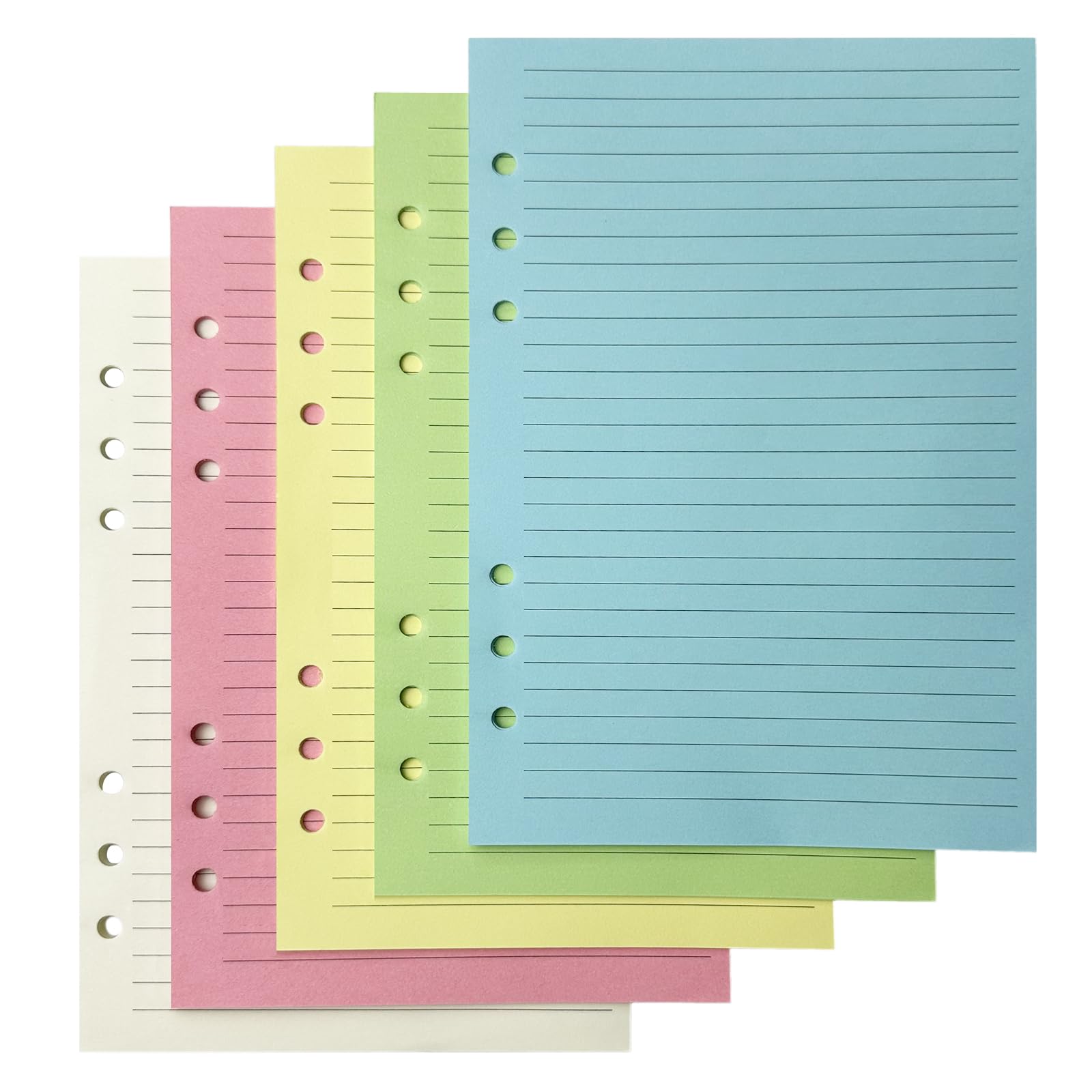 A5 Lined Refill Paper 50 Sheets, 6-Hole Punched Loose Leaf Paper for A5 Binders, Planners, Notebooks(5 Colour Pack)