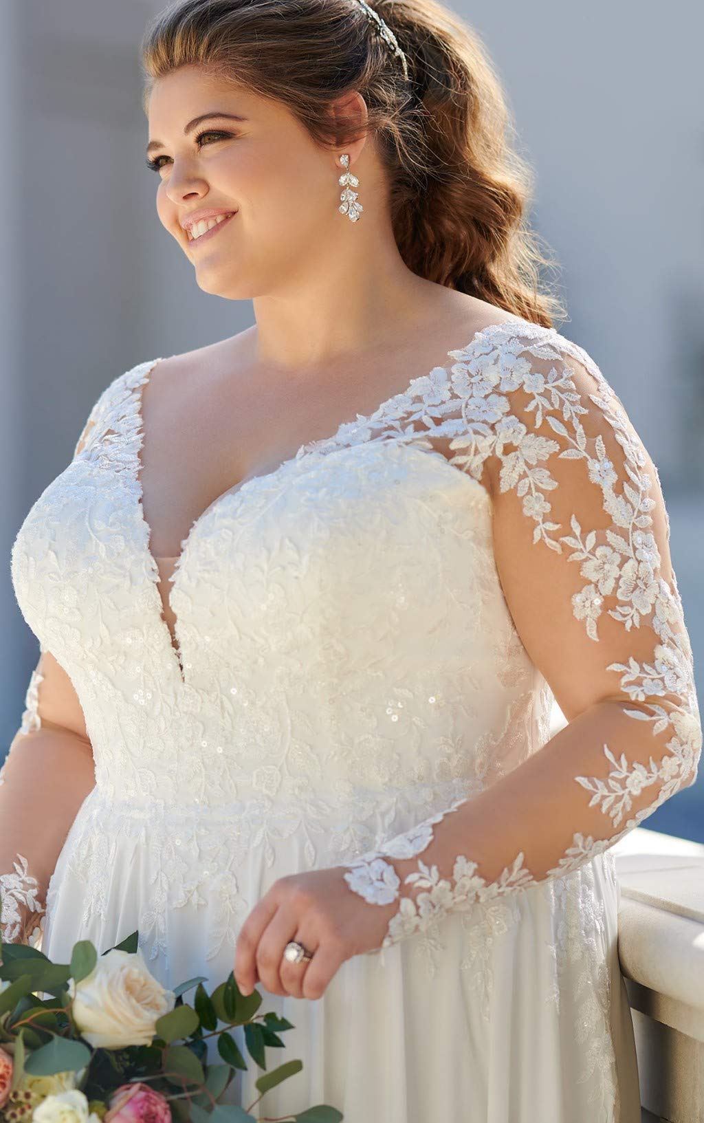 Robe de mariée en mousseline de soie pour femme - Grande taille - Manches longues