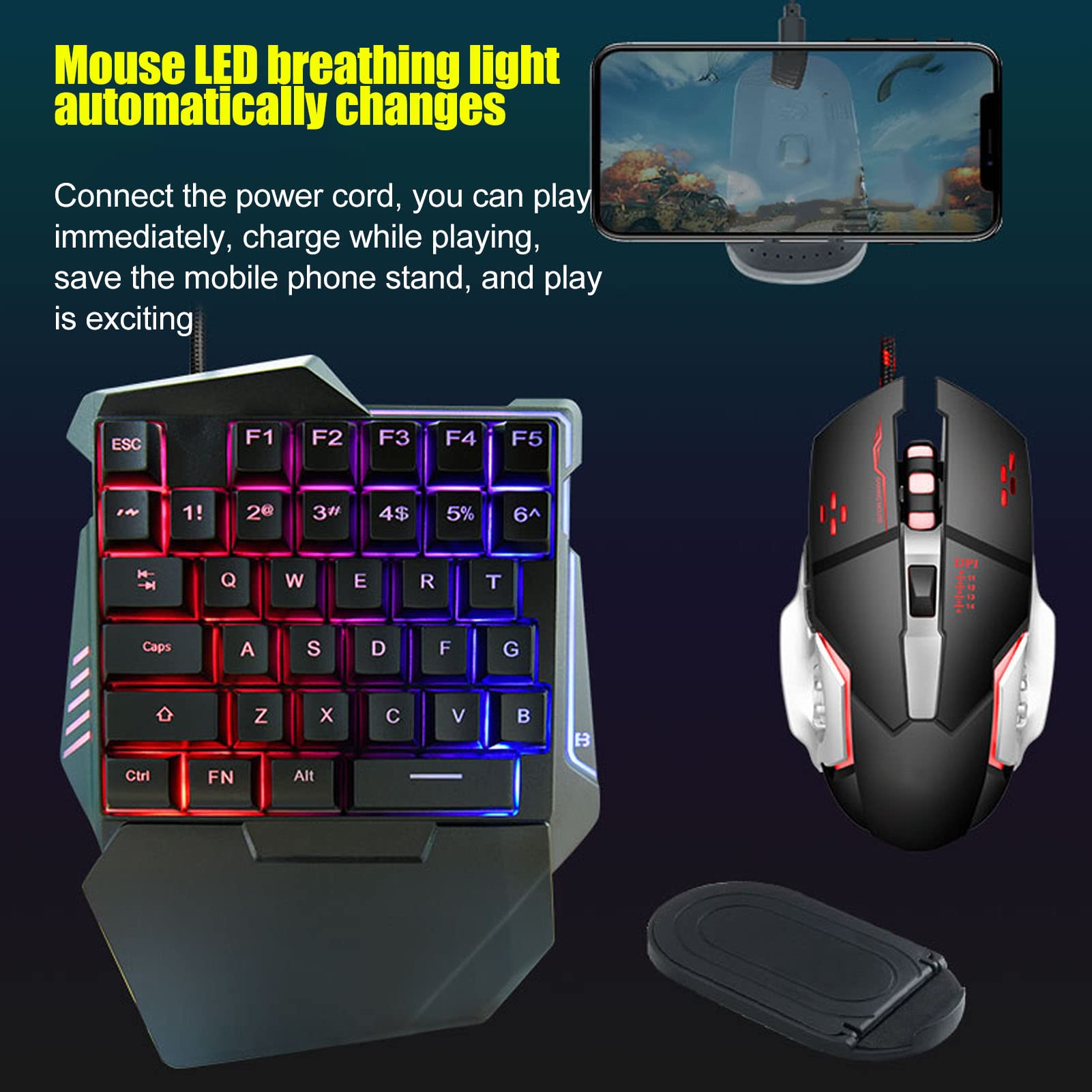 Bewinner Einhand-RGB-Gaming-Tastatur und Hintergrundbeleuchtete Maus-Kombination, USB-Kabel, 35-Tasten-Tastatur, 6-Tasten-Gaming-Maus-Konverter-Set mit Halterung für PC-Gamer