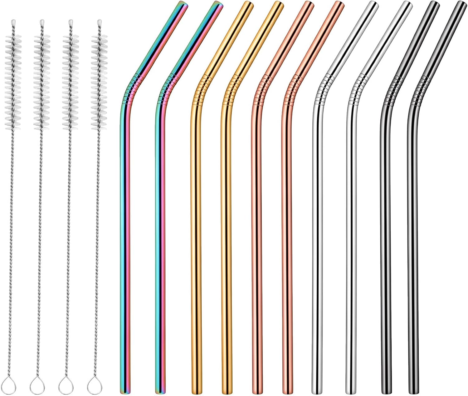 8.5 Inch Metal Straws Reusable (10 Pack) - Stainless Steel Bent Drinking Straws for 20 oz Tumblers & Cups, 5 Vibrant Colors Set with 4 Cleaning Brushes - Dishwasher Safe