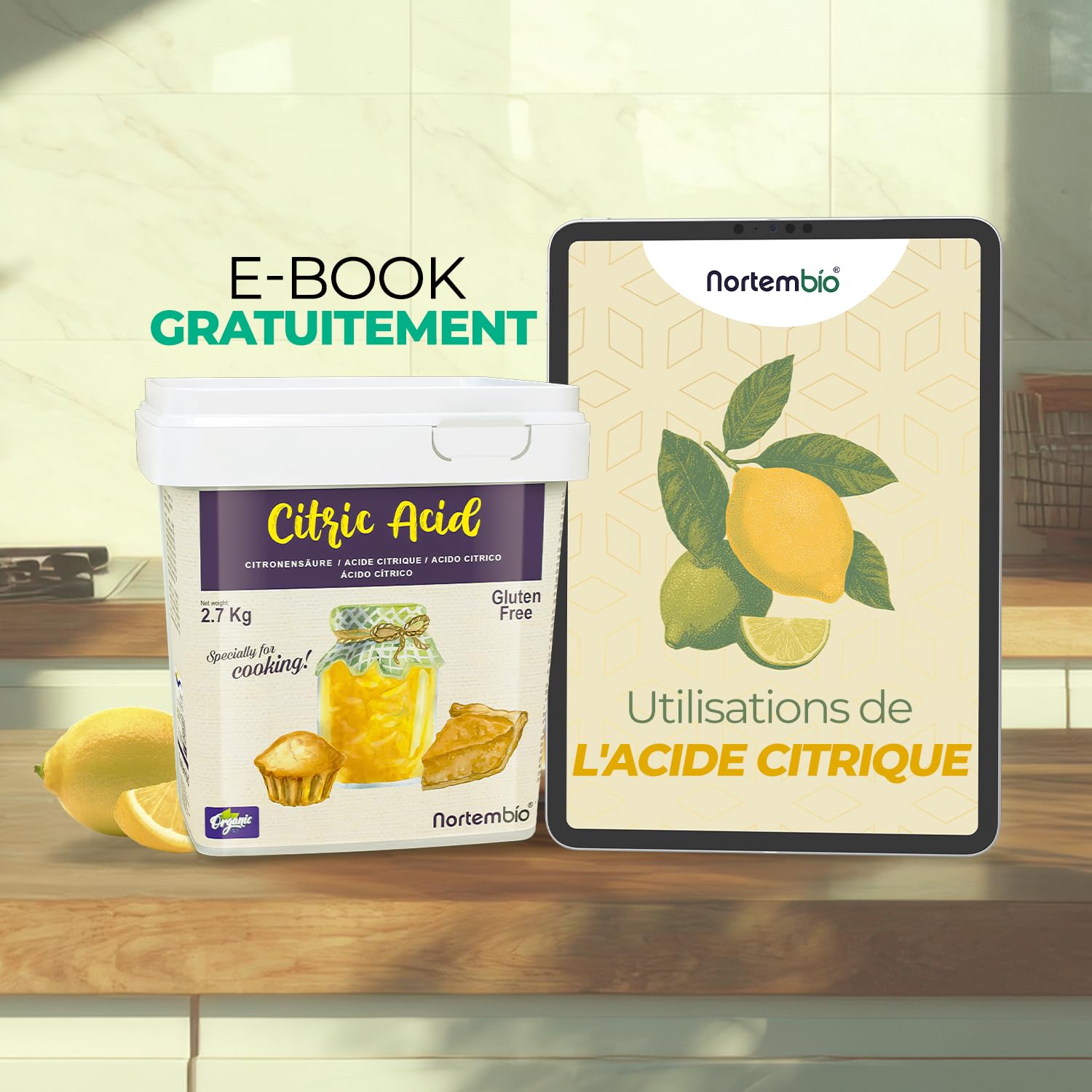 Nortembio Acide Citrique Alimentaire 5,2 kg – Pur Qualité Alimentaire – Naturel, Sans OGM – Acidifiant pour Pâtisserie, Confitures & Cuisine – Livre de Recettes Inclus